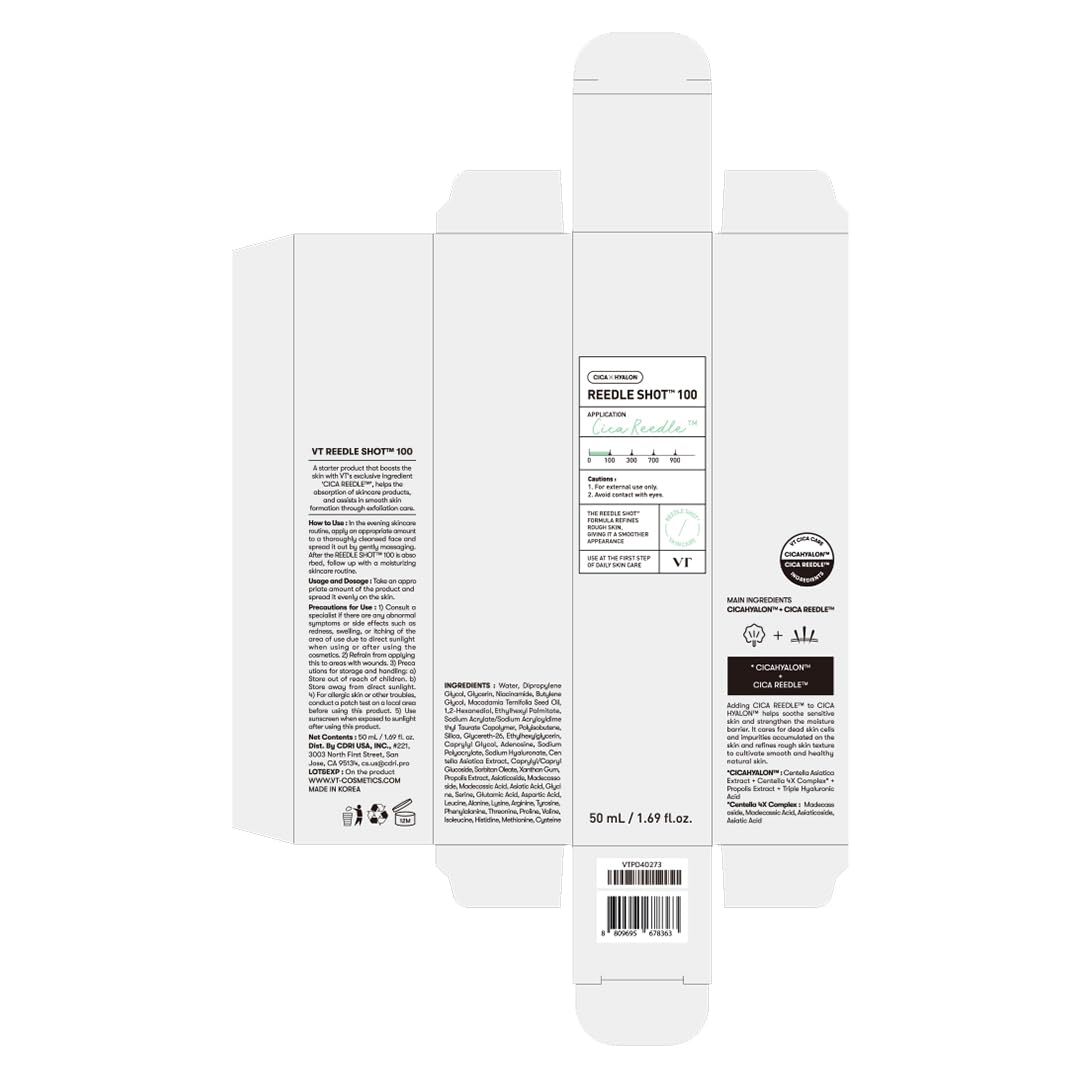 VT COSMETICS CICA Reedle Shot 100, Spicule Microneedling Serum for Pore Care & Exfoliation, Exosome, Centella Asiatica for Glass Skin, Skin Texture, Korean Liquid Skin Booster (1.69 Fl Oz / 50ml)