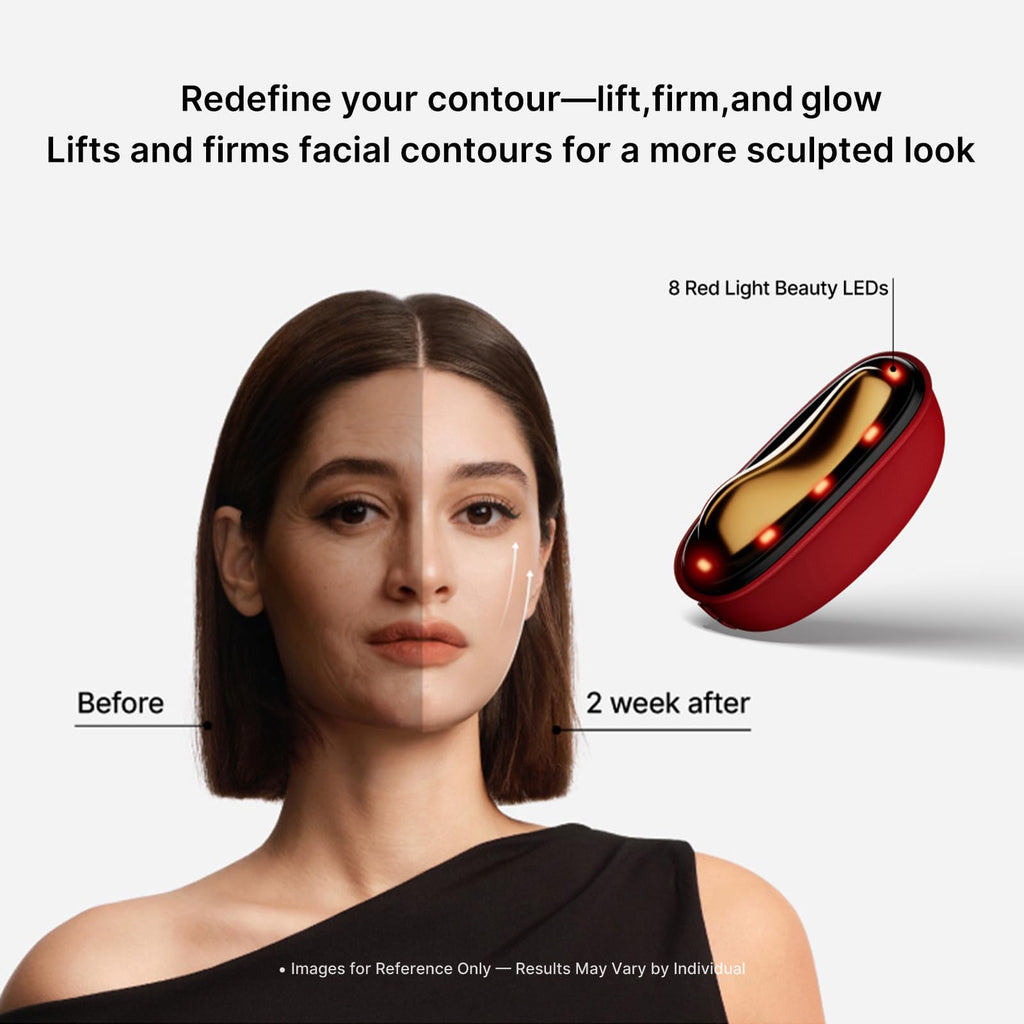 LED Red Light Therapy for Face & Neck Massager Facial Care Device – Electric Gua Sha Brass Tool with Heat & Vibration for Firming, Sculpting & Skincare, Red