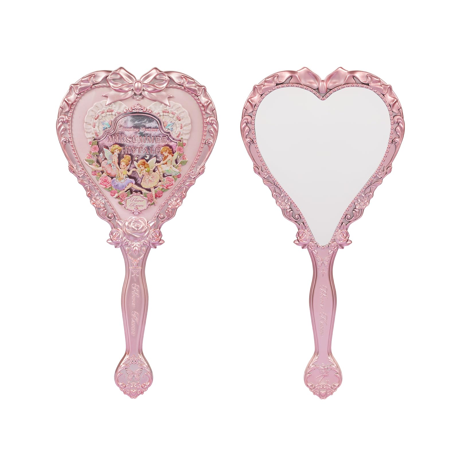 Flower Knows Strawberry Rococo Hand Mirror,Vintage Portable Princess Handheld Mirror,Fancy & Pretty with Long Handle,Gift for Girls(Soft Pink)