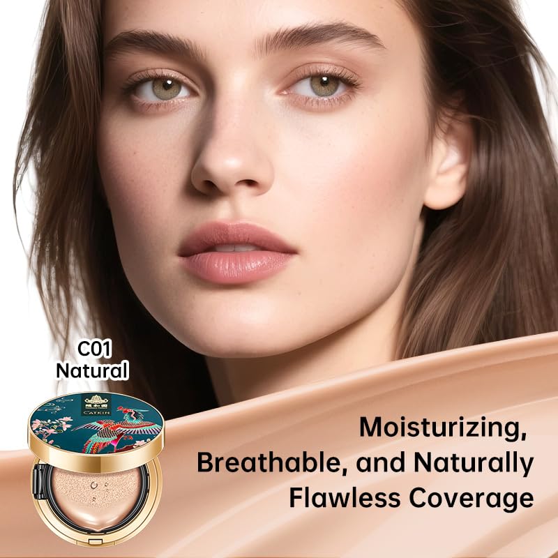 CATKIN Phoenix Cushion Foundation Buildable Coverage Anti-Aging Makeup, Sheer Finish, Refill Included, Natural Beige 0.46 Oz x 2 (Natural Coverage (Light Beige)
