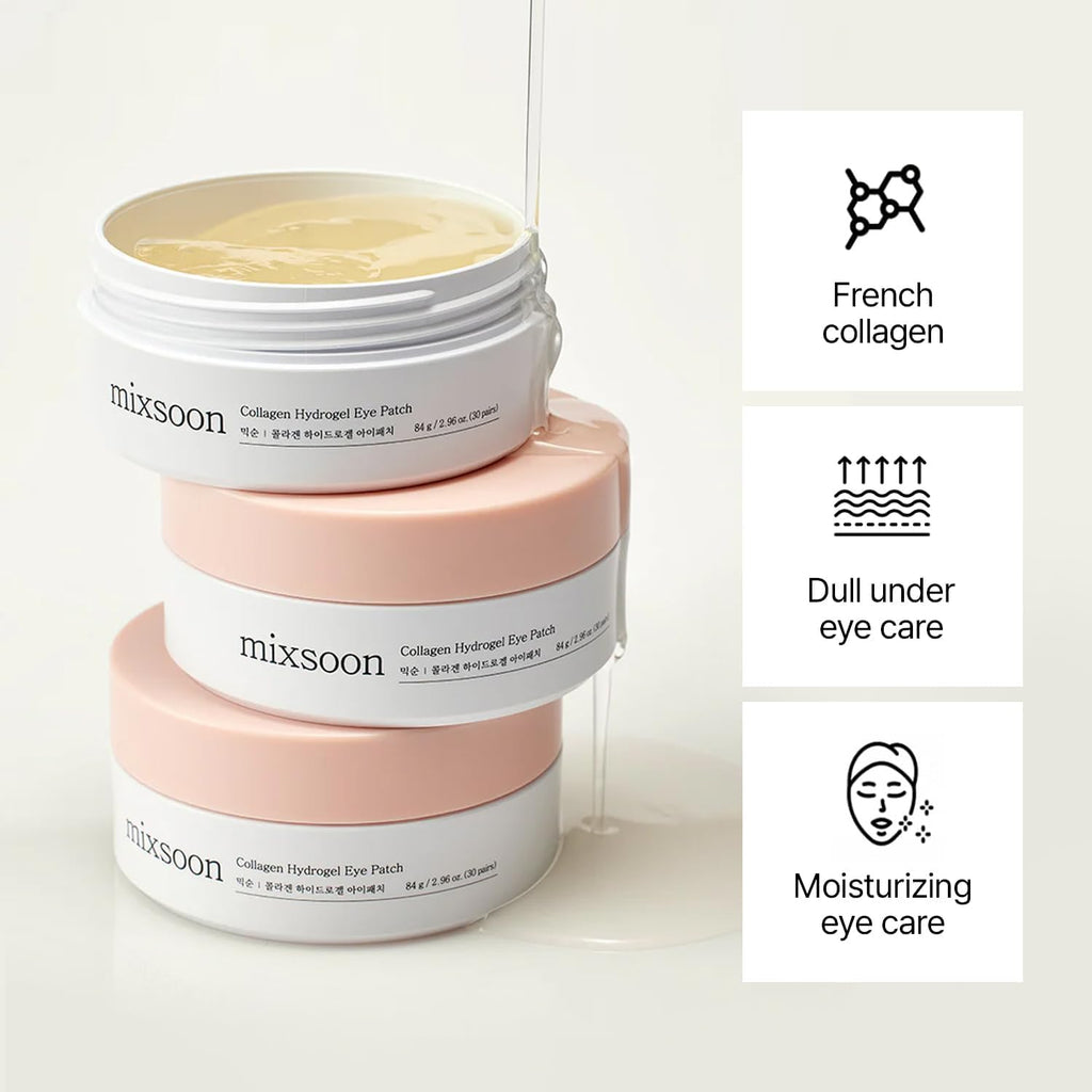 mixsoon Collagen Hydrogel Eye Patches Hydrating Gel Eye Mask with Collagen, Peptides and Amino Acids for Smooth Under Eye Skin Care 84 g / 2.84 fl.oz. (30 pairs) Korean Glass Skin Care