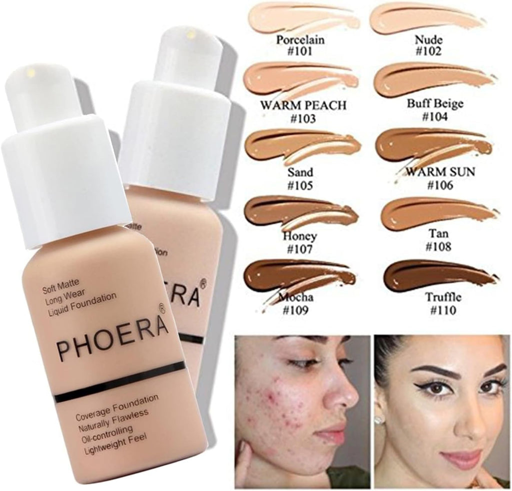 PHOERA Foundation,PHOERA Foundation Makeup for Women, PHOERA Full Coverage Foundation,30ml PHOERA 24HR Matte Oil Control Concealer (102- Nude*2)