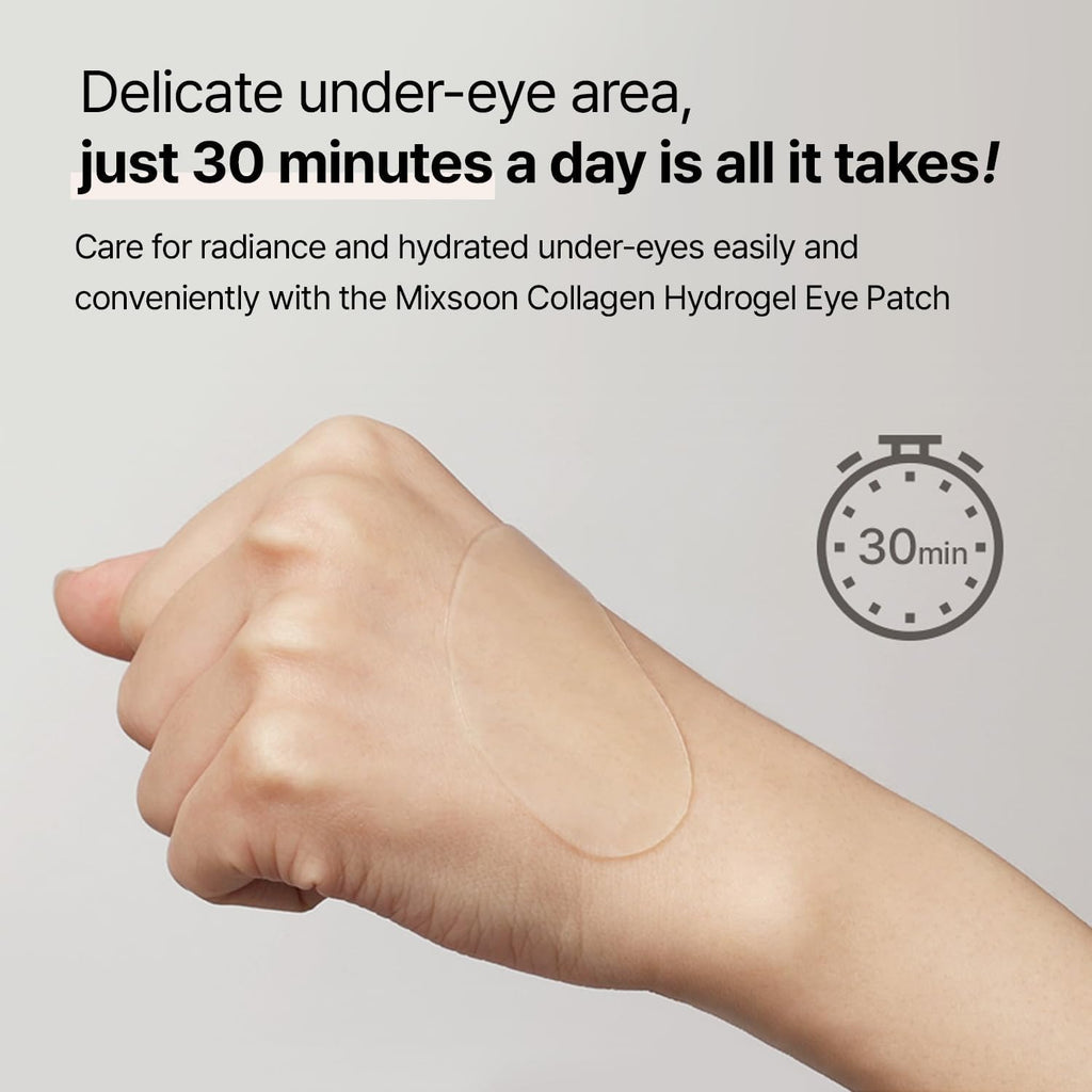 mixsoon Collagen Hydrogel Eye Patches Hydrating Gel Eye Mask with Collagen, Peptides and Amino Acids for Smooth Under Eye Skin Care 84 g / 2.84 fl.oz. (30 pairs) Korean Glass Skin Care