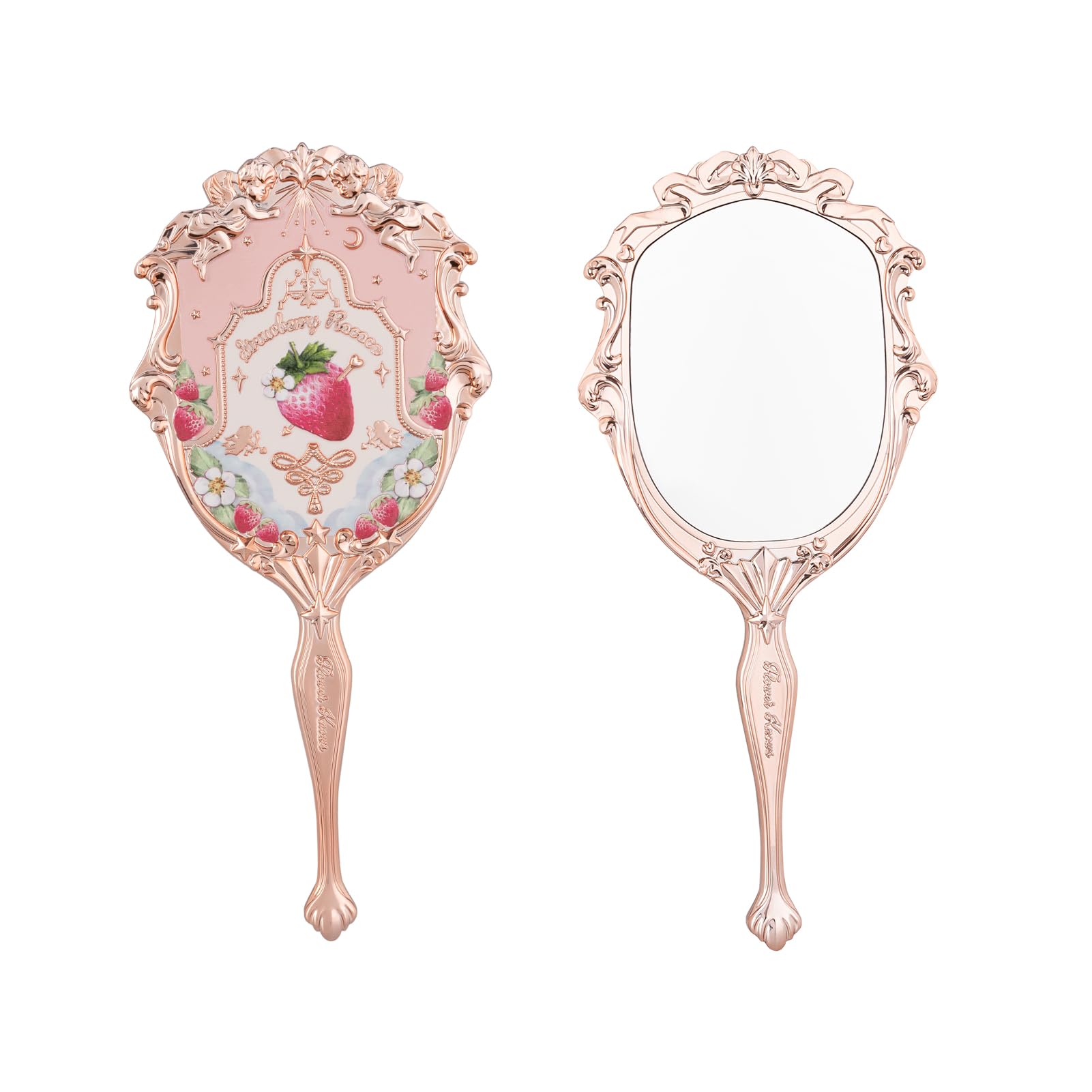 Flower Knows Strawberry Rococo Hand Mirror,Vintage Portable Princess Handheld Mirror,Fancy & Pretty with Long Handle,Gift for Girls(Soft Pink)