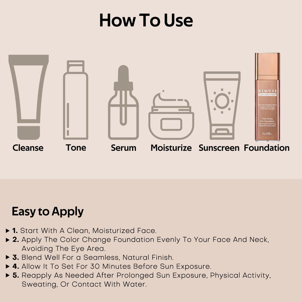 KIMUSE Color Changing Foundation, 4 In 1 Smart Shade Skin Tone Foundation Makeup, Waterproof, Long Wear Buildable Natural Finish Tinted Moisturizer Face Makeup For All Skin Tones, Vegan & Cruelty-Free