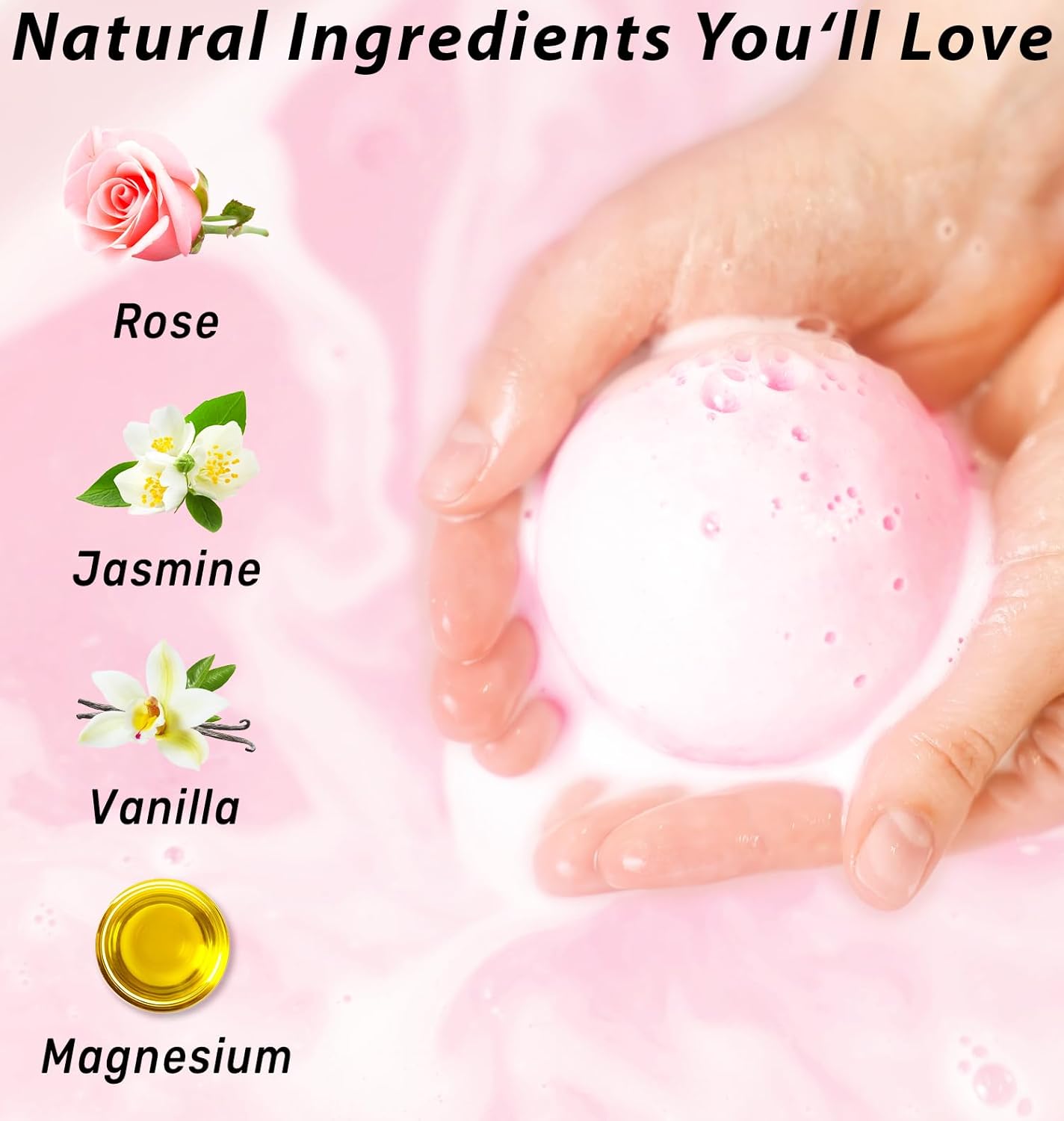 Magnesium Rose Vanilla Bath Bomb Mega Foaming Bubbles Infused with Vanilla Jasmine Luxurious Spa Bath Essentials Nourishing Dry Skin Stress Relief Bath Gift