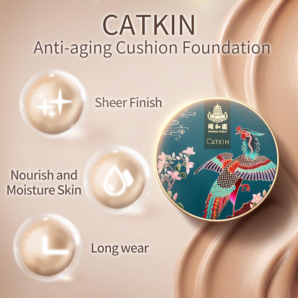 CATKIN Phoenix Cushion Foundation Buildable Coverage Anti-Aging Makeup, Sheer Finish, Refill Included, Natural Beige 0.46 Oz x 2 (Natural Coverage (Light Beige)
