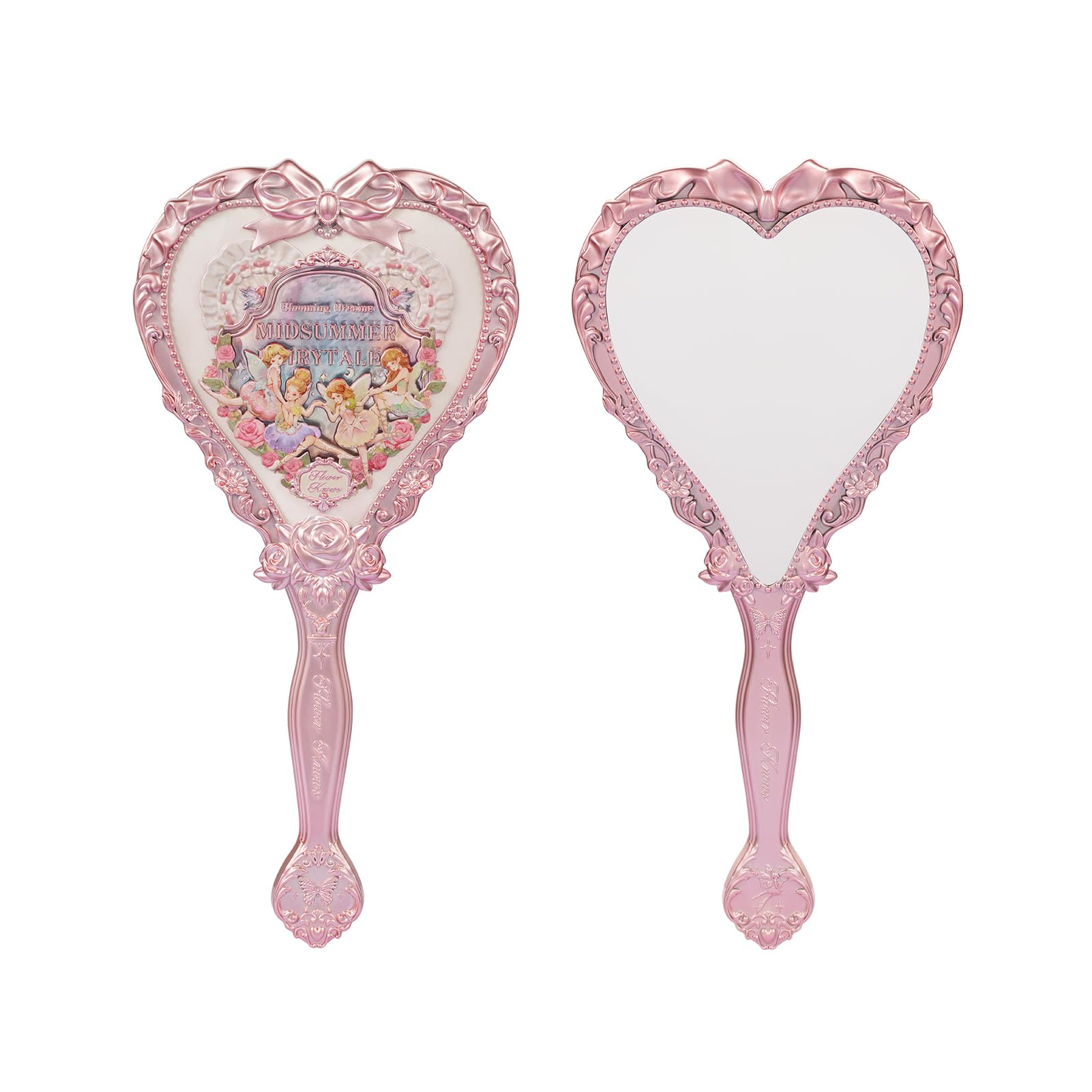 Flower Knows Strawberry Rococo Hand Mirror,Vintage Portable Princess Handheld Mirror,Fancy & Pretty with Long Handle,Gift for Girls(Soft Pink)