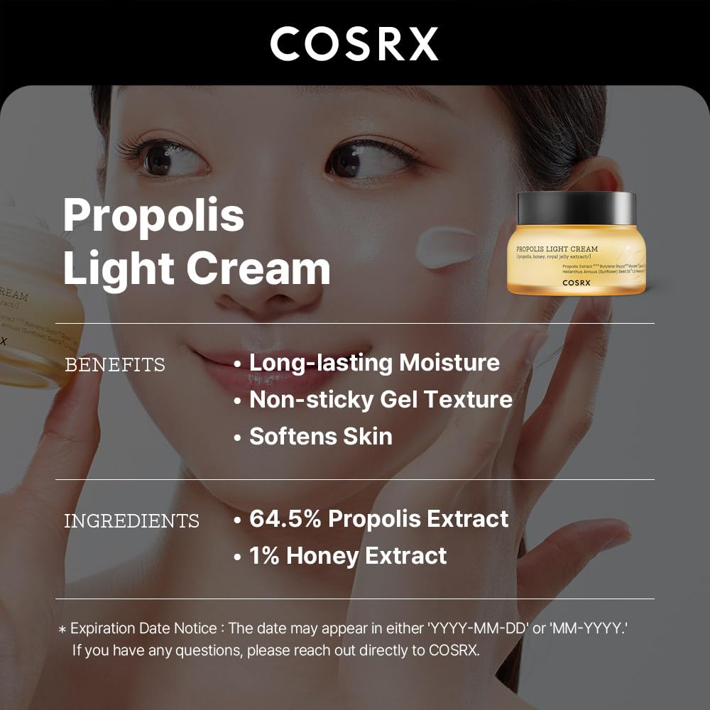 COSRX Full Fit Propolis Light Cream, 2.19 Fl.oz / 65ml, Propolis 64.5%, Hydrating Daily Day and Night Moisturiser, Korean Skin Care, Stocking Stuffers, Holiday Gifts, Gifts For Women
