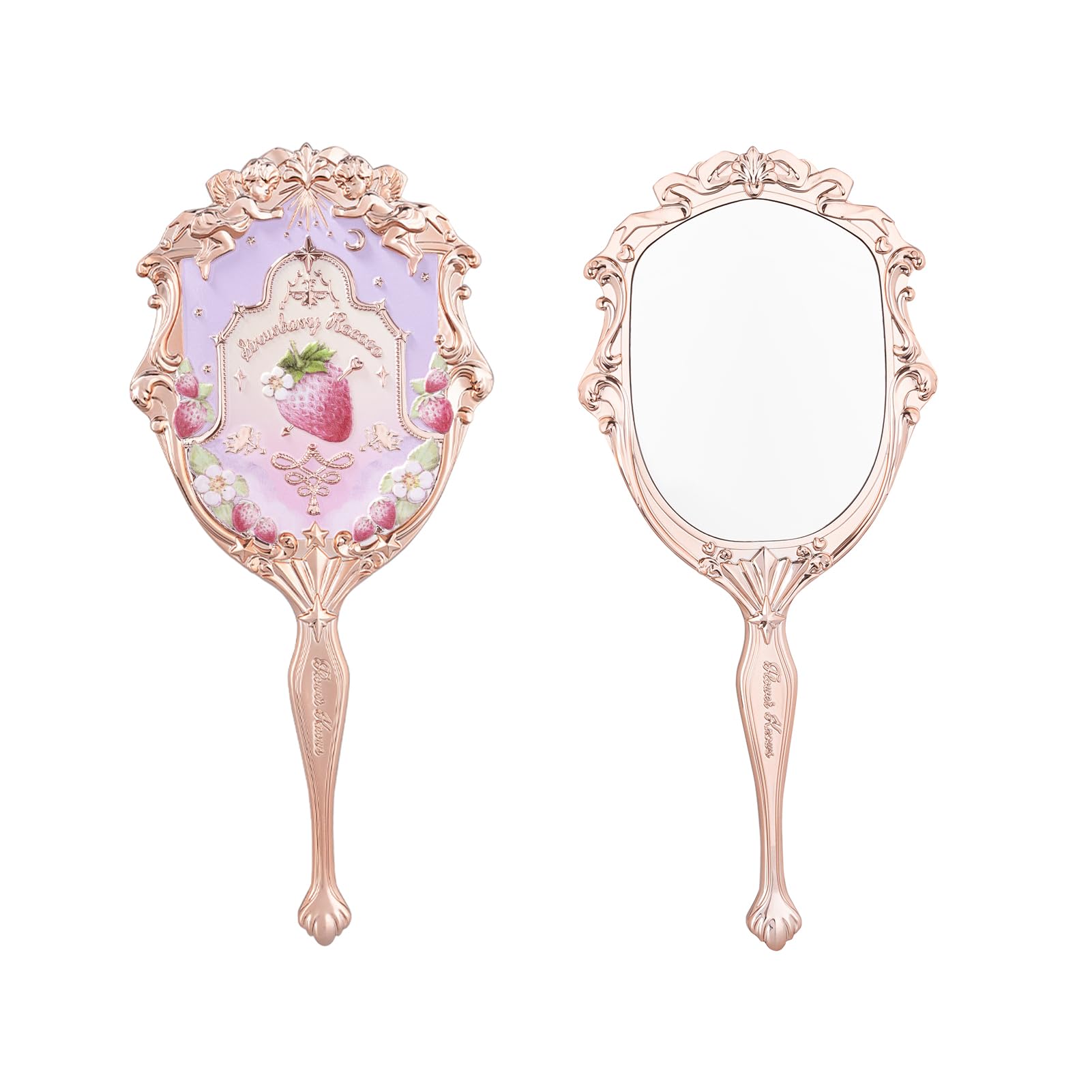 Flower Knows Strawberry Rococo Hand Mirror,Vintage Portable Princess Handheld Mirror,Fancy & Pretty with Long Handle,Gift for Girls(Soft Pink)