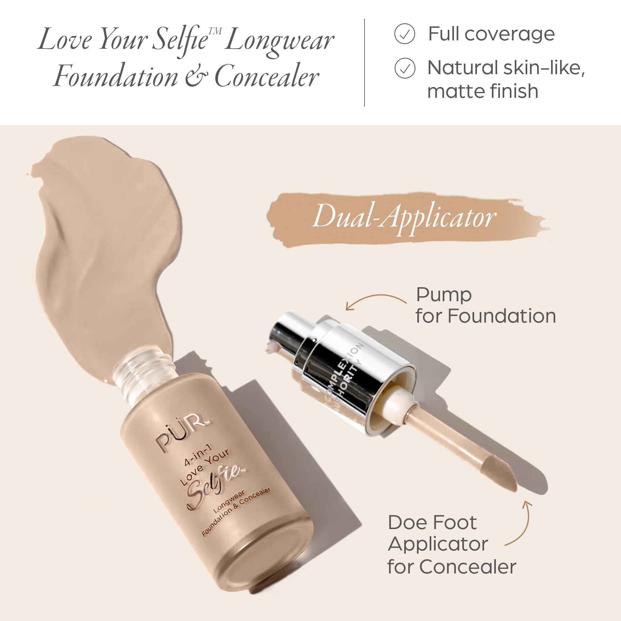 PÜR MINERALS 4-in-1 Love Your Selfie Longwear Foundation & Concealer Full Coverage Liquid Foundation, Hydrating Formula, Cruelty Free