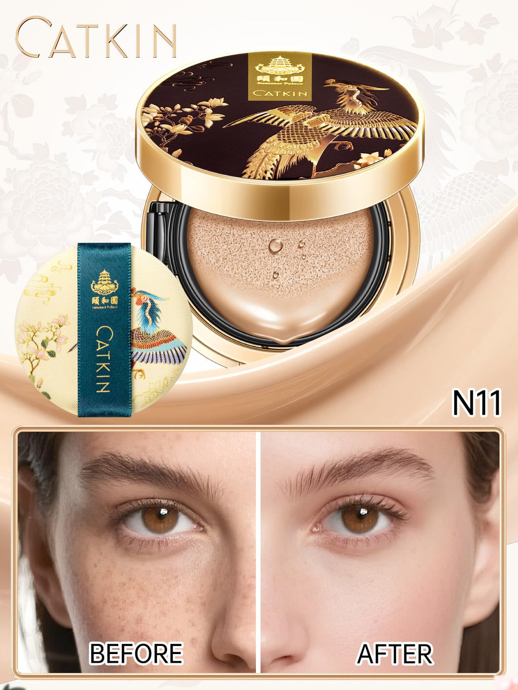 CATKIN Phoenix Cushion Foundation Buildable Coverage Anti-Aging Makeup, Sheer Finish, Refill Included, Natural Beige 0.46 Oz x 2 (Natural Coverage (Light Beige)