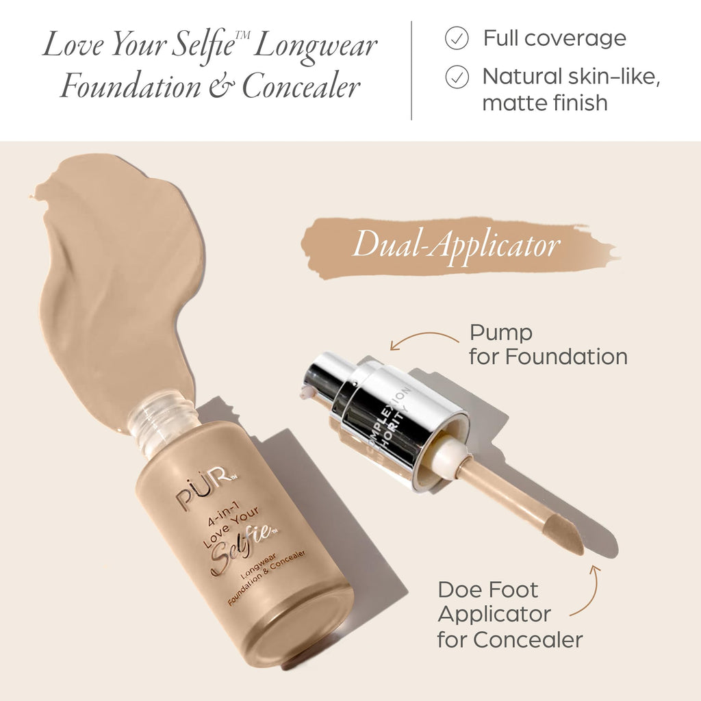 PÜR MINERALS 4-in-1 Love Your Selfie Longwear Foundation & Concealer Full Coverage Liquid Foundation, Hydrating Formula, Cruelty Free