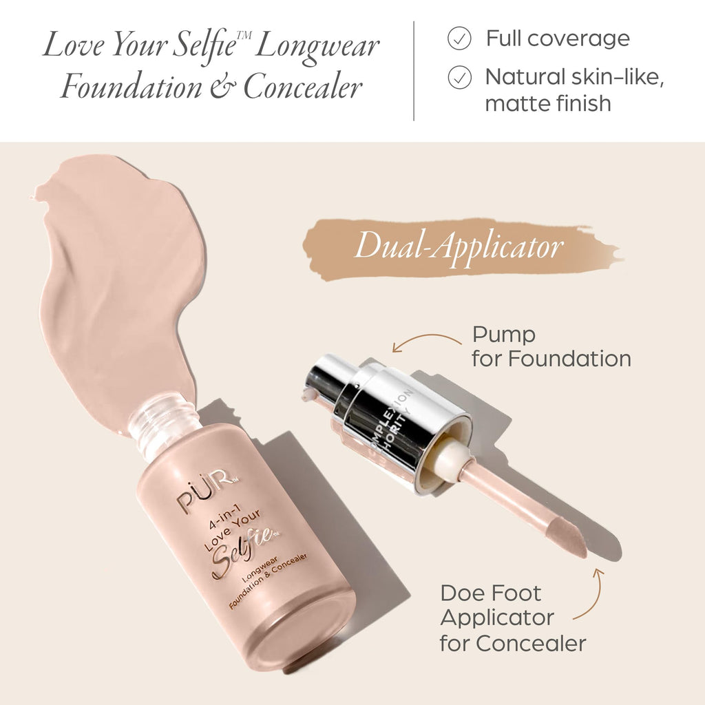 PÜR MINERALS 4-in-1 Love Your Selfie Longwear Foundation & Concealer Full Coverage Liquid Foundation, Hydrating Formula, Cruelty Free