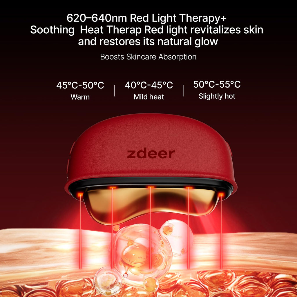 LED Red Light Therapy for Face & Neck Massager Facial Care Device – Electric Gua Sha Brass Tool with Heat & Vibration for Firming, Sculpting & Skincare, Red