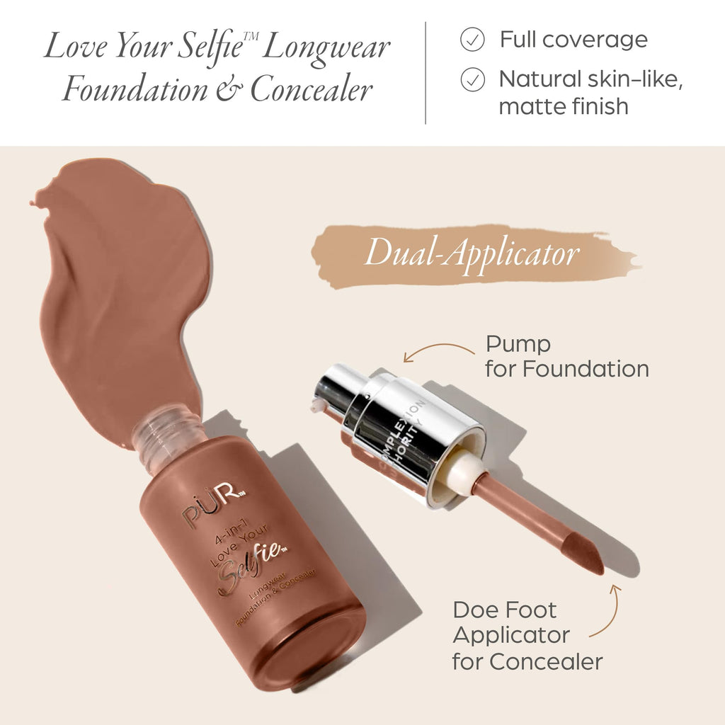 PÜR MINERALS 4-in-1 Love Your Selfie Longwear Foundation & Concealer Full Coverage Liquid Foundation, Hydrating Formula, Cruelty Free