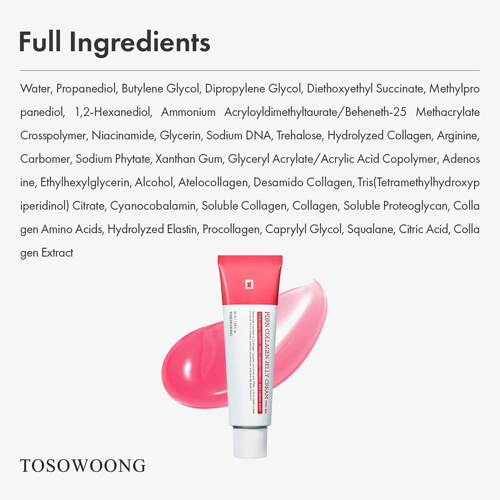 TOSOWOONG PDRN Collagen Jelly Cream, 5,000ppm Salmon DNA PDRN, Niacinamide, Hydrolyzed Collagen, Glow, Hydrating, Firming, Uneven Skin Tone, No artificial color, Korean Skin Care, 50ml, 1.69 fl.oz.