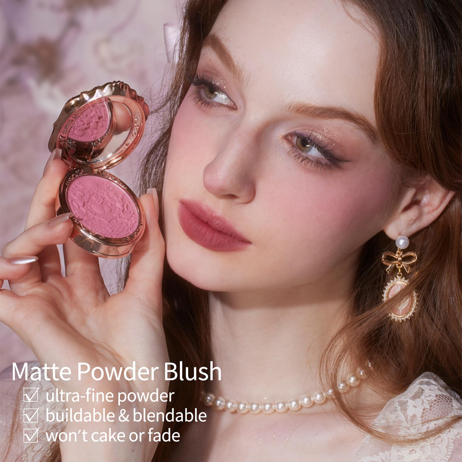 Flower Knows Strawberry Rococo Embossed Blush,Pink Matte Finish,Buildable & Blendable Powder Blush for cheeks,Natural Flush for All Skin Tones(03 Classic Ballet,5g)