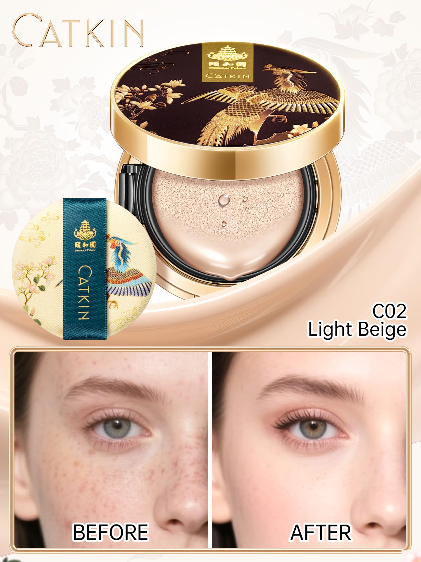 CATKIN Phoenix Cushion Foundation Buildable Coverage Anti-Aging Makeup, Sheer Finish, Refill Included, Natural Beige 0.46 Oz x 2 (Natural Coverage (Light Beige)