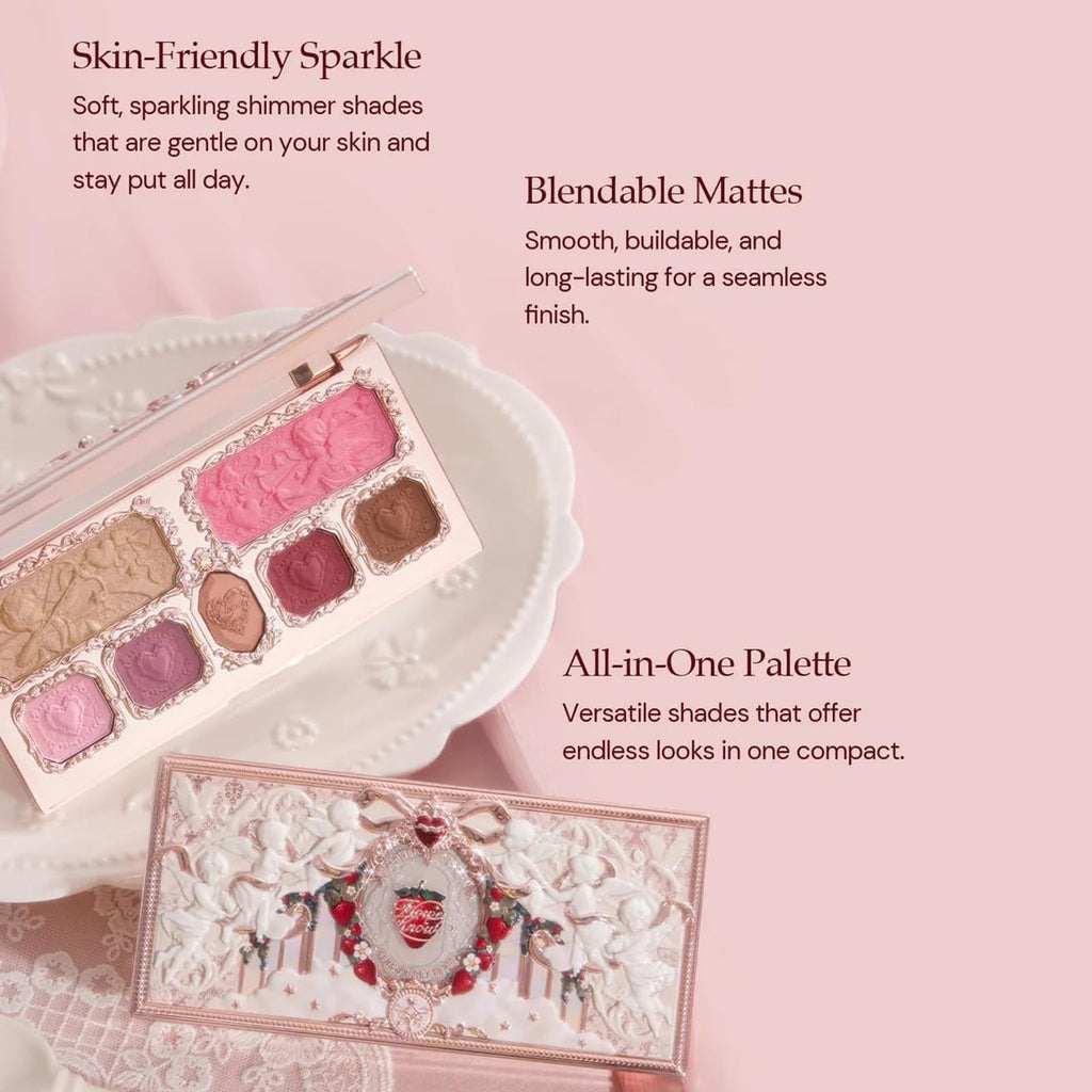 Flower Knows Strawberry Cupid Makeup Palette. Eyeshadow, Blush, Highlighting & Contour All-in-One +2 Shimmer Neutral Shades