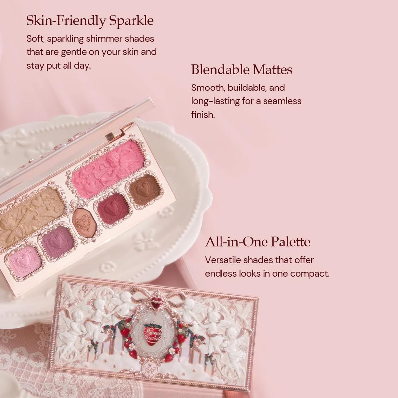 Flower Knows Strawberry Cupid Makeup Palette. Eyeshadow, Blush, Highlighting & Contour All-in-One +2 Shimmer Neutral Shades