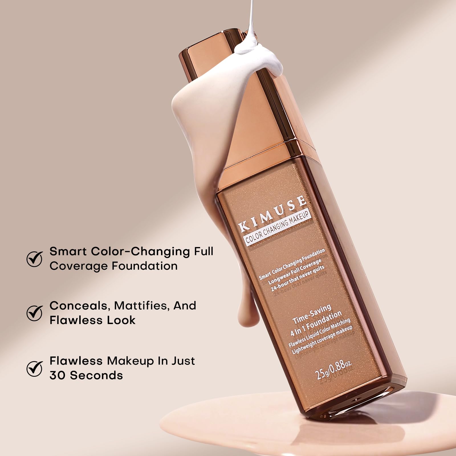 KIMUSE Color Changing Foundation, 4 In 1 Smart Shade Skin Tone Foundation Makeup, Waterproof, Long Wear Buildable Natural Finish Tinted Moisturizer Face Makeup For All Skin Tones, Vegan & Cruelty-Free