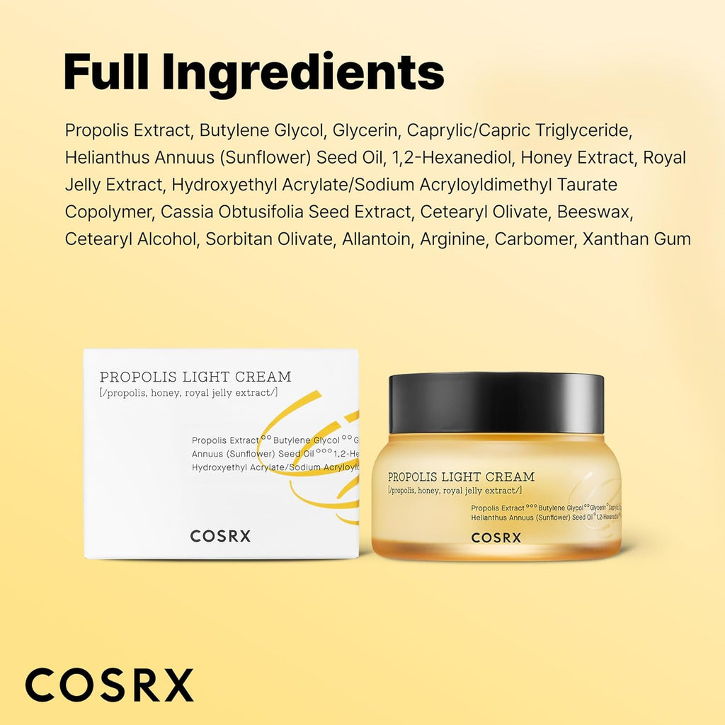 COSRX Full Fit Propolis Light Cream, 2.19 Fl.oz / 65ml, Propolis 64.5%, Hydrating Daily Day and Night Moisturiser, Korean Skin Care, Stocking Stuffers, Holiday Gifts, Gifts For Women