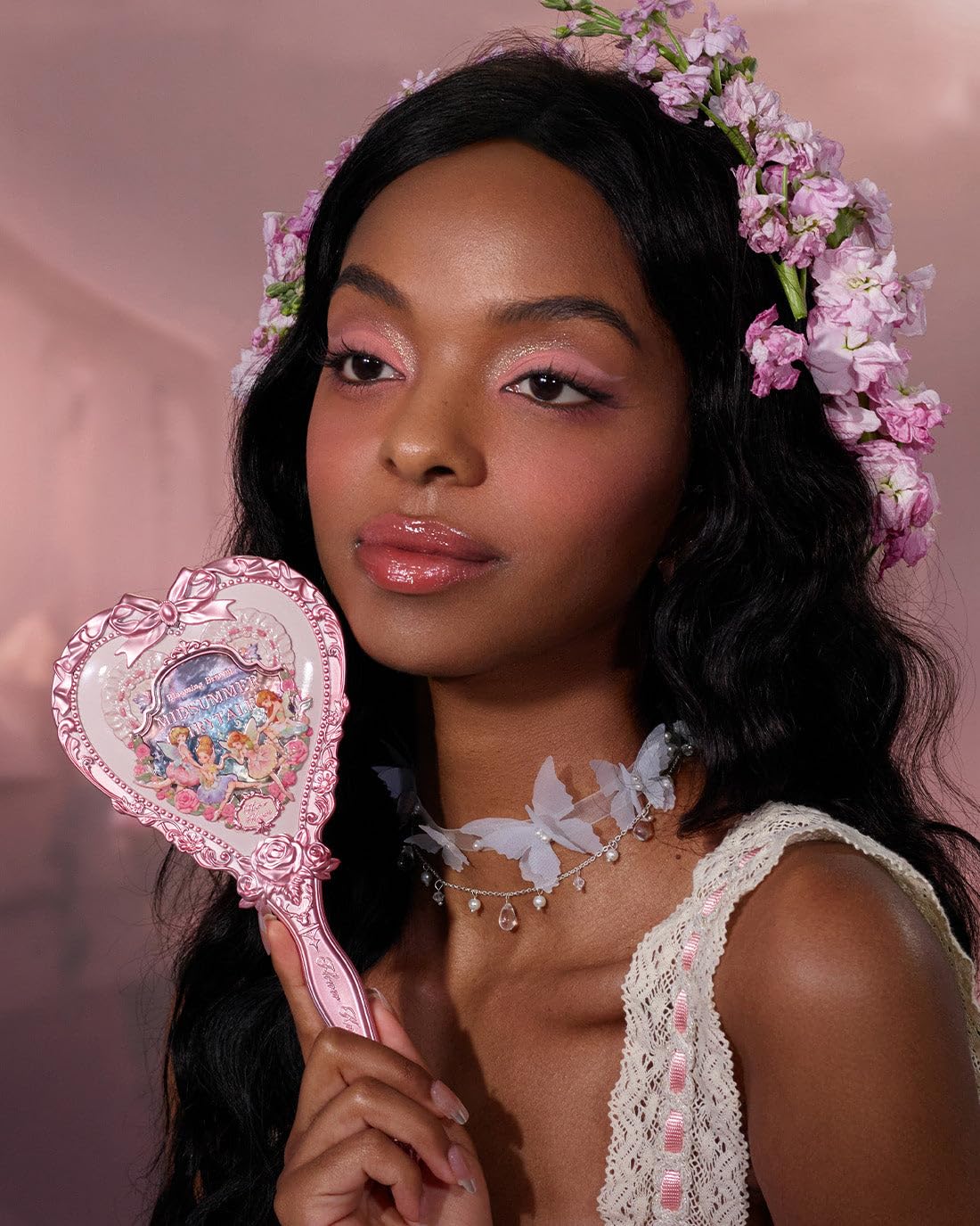 Flower Knows Strawberry Rococo Hand Mirror,Vintage Portable Princess Handheld Mirror,Fancy & Pretty with Long Handle,Gift for Girls(Soft Pink)