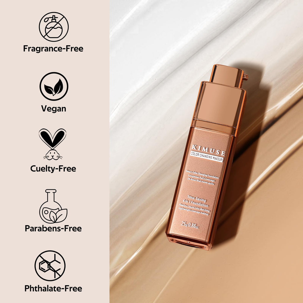 KIMUSE Color Changing Foundation, 4 In 1 Smart Shade Skin Tone Foundation Makeup, Waterproof, Long Wear Buildable Natural Finish Tinted Moisturizer Face Makeup For All Skin Tones, Vegan & Cruelty-Free