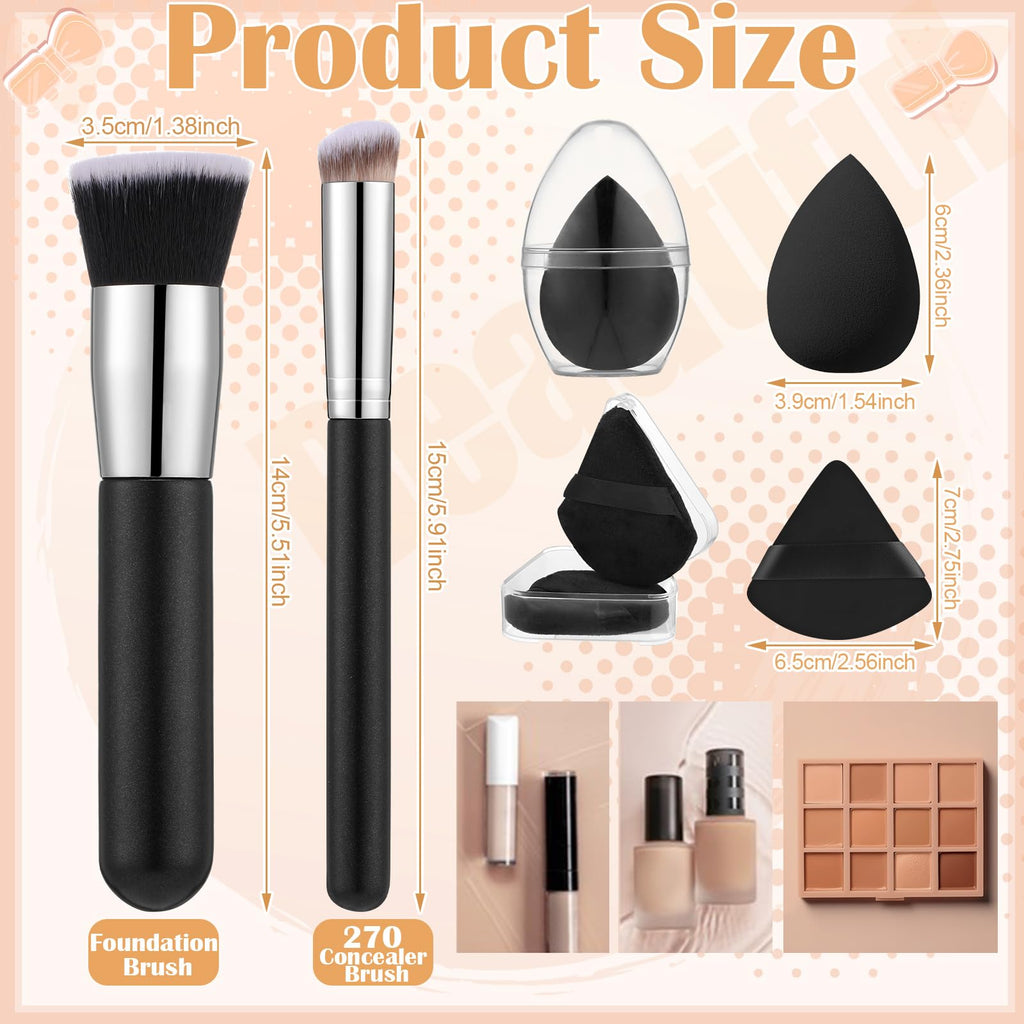6Pcs Foundation Brush for Liquid Makeup,Liquid Foundation Brush with Makeup Sponge and Powder Puff for Foundation, Powder, Blush, and Concealer(Black)