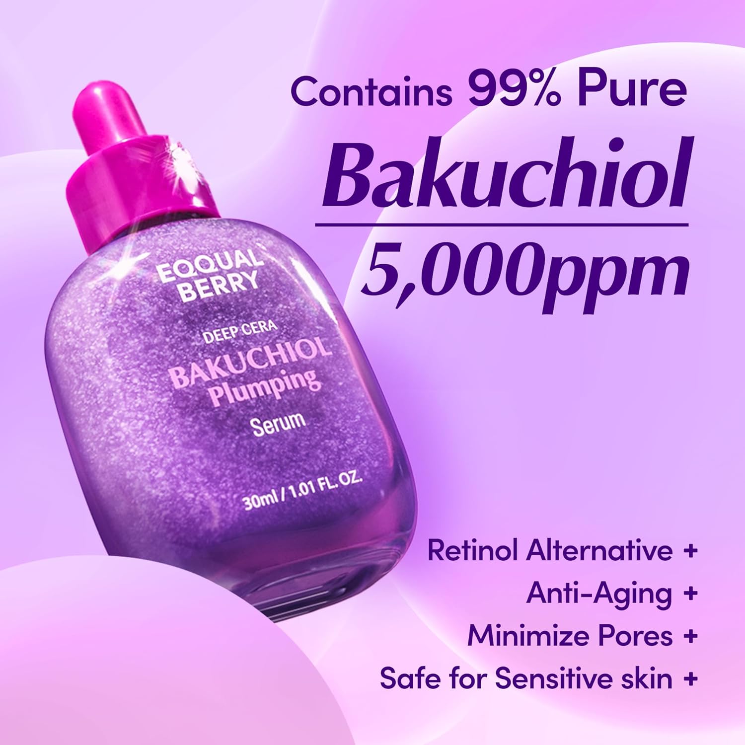 EQQUALBERRY Bakuchiol Plumping Face Serum - Retinol Natural Alternative for Sensitive Skin
