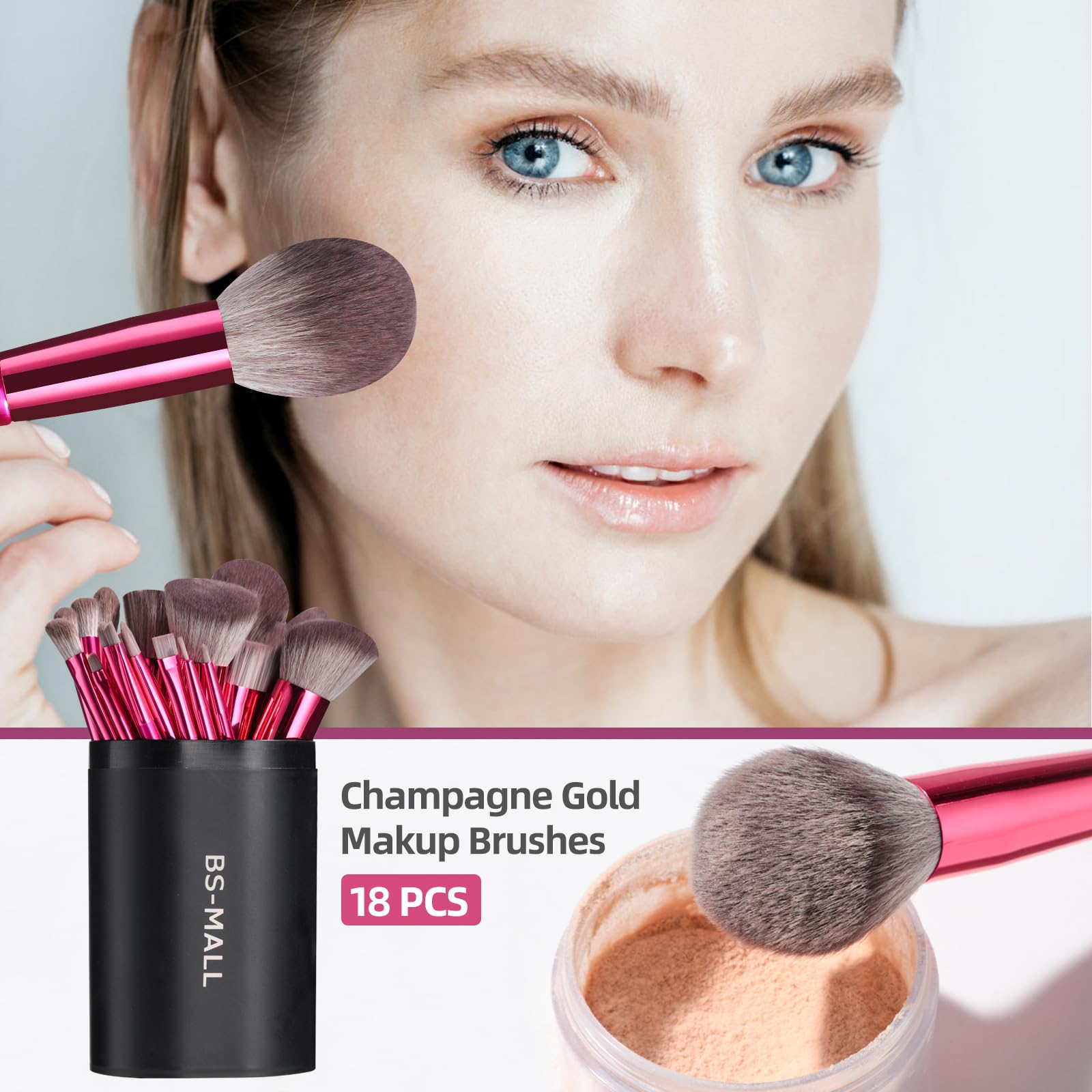 BS-MALL Professional Makeup Brush Set 18 Pcs Premium Synthetic Foundation Powder Concealers Eye Shadows Blush Makeup Brushes with Travel Case (Matte white beige)