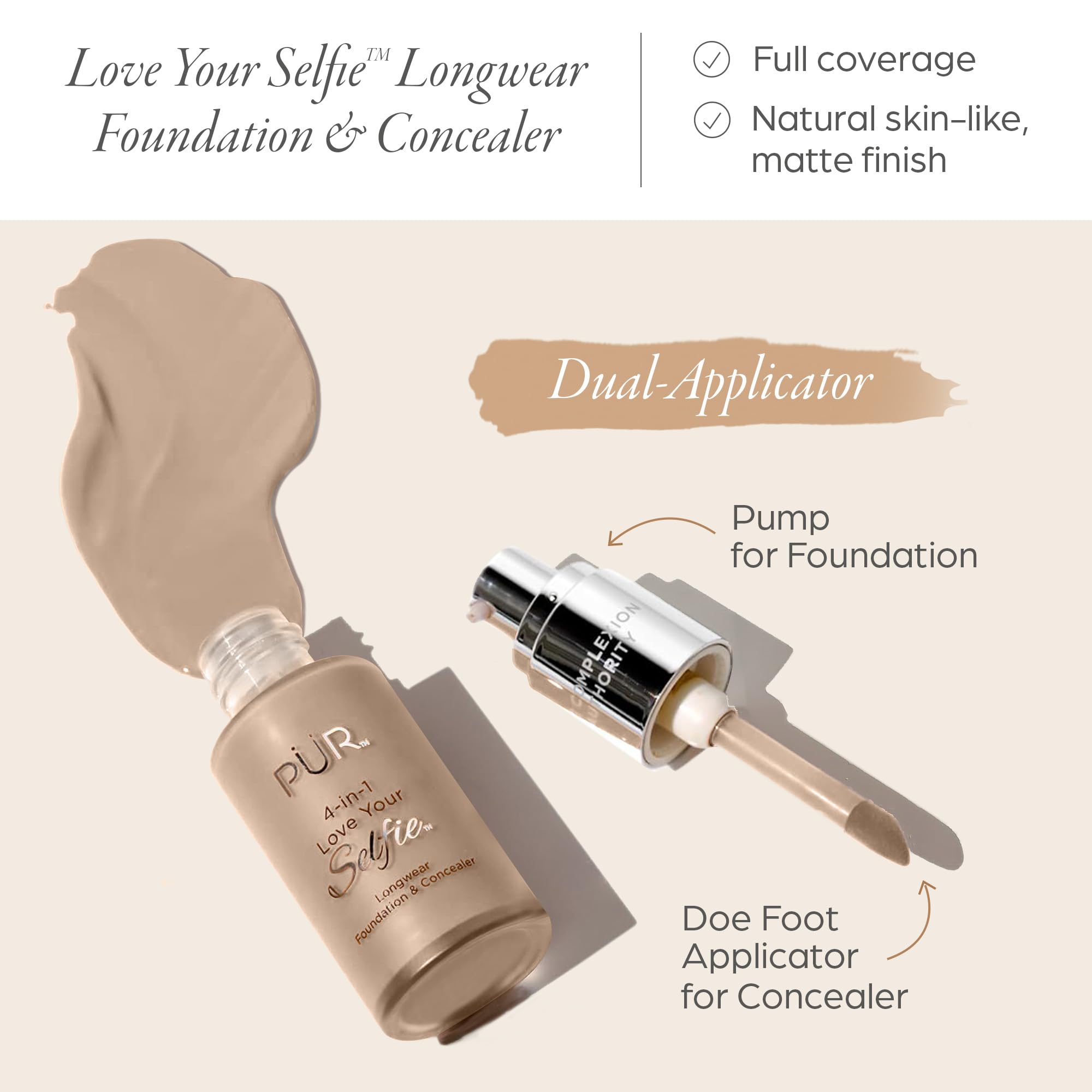 PÜR MINERALS 4-in-1 Love Your Selfie Longwear Foundation & Concealer Full Coverage Liquid Foundation, Hydrating Formula, Cruelty Free