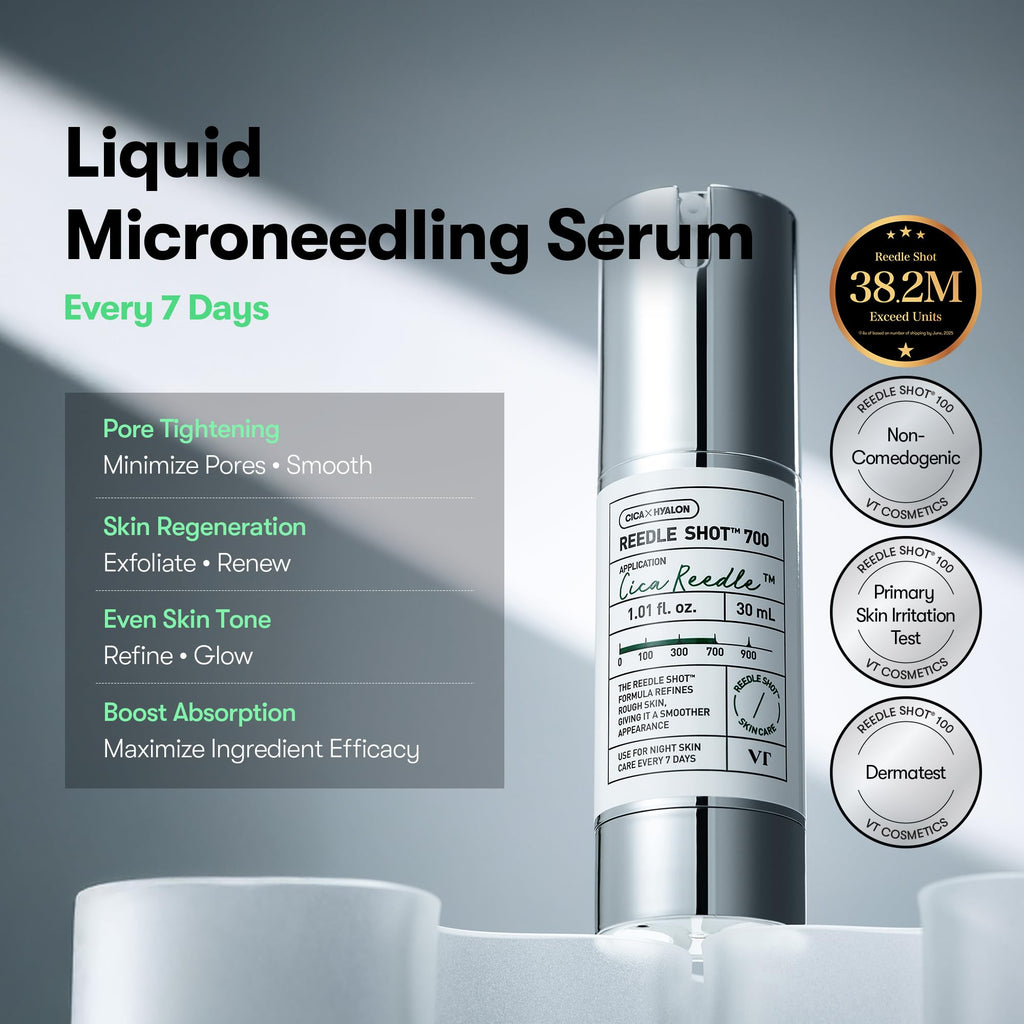 VT COSMETICS CICA Reedle Shot 100, Spicule Microneedling Serum for Pore Care & Exfoliation, Exosome, Centella Asiatica for Glass Skin, Skin Texture, Korean Liquid Skin Booster (1.69 Fl Oz / 50ml)