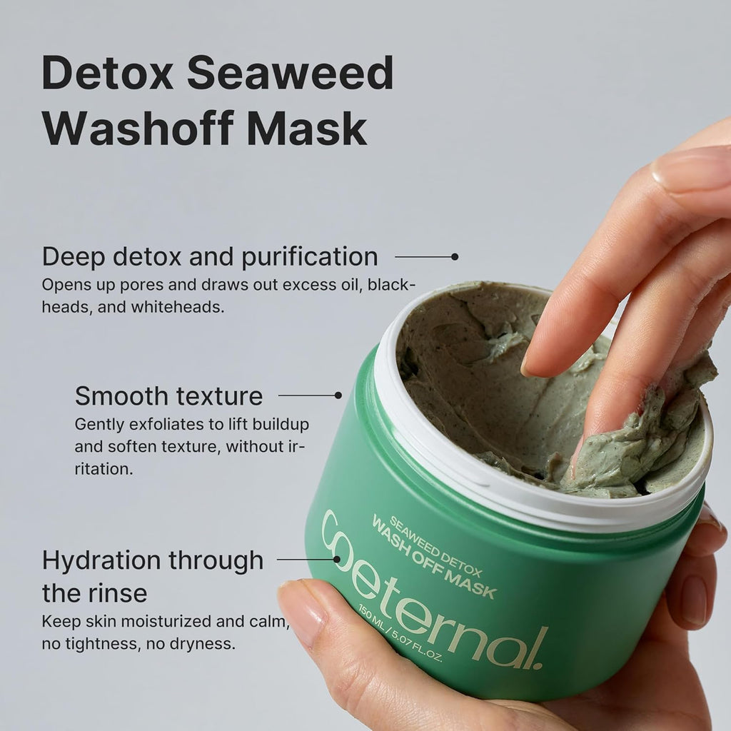 Seaweed Detox Wash Off Mask, Cooling Korean Clay Mask with Bentonite, Kaolin, Glycerin & Seaweed Extracts for Pore Minimizing, Deep Cleansing, Non-Drying Mud Mask, 200ml / 6.76 fl.oz.