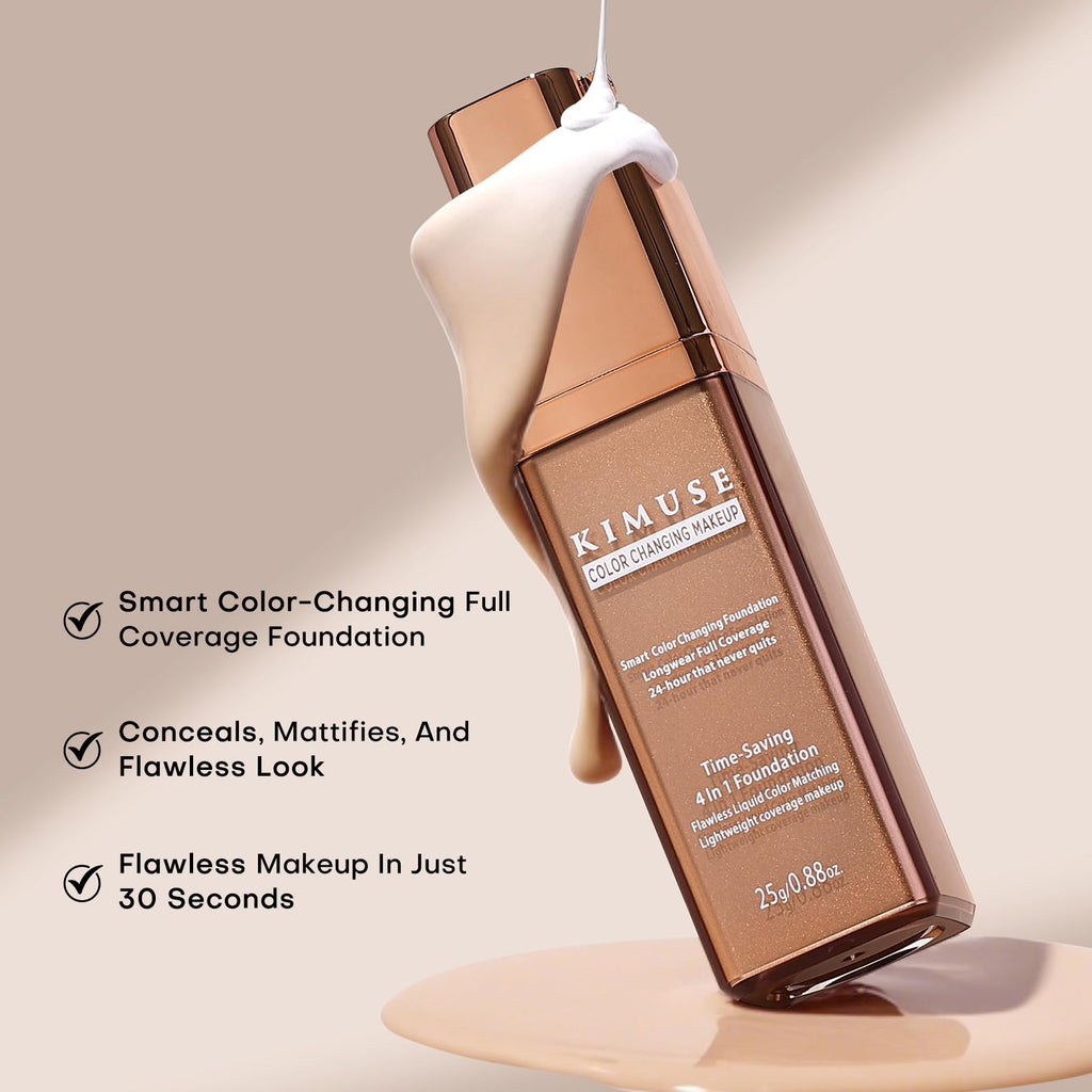 KIMUSE Color Changing Foundation, 4 In 1 Smart Shade Skin Tone Foundation Makeup, Waterproof, Long Wear Buildable Natural Finish Tinted Moisturizer Face Makeup For All Skin Tones, Vegan & Cruelty-Free