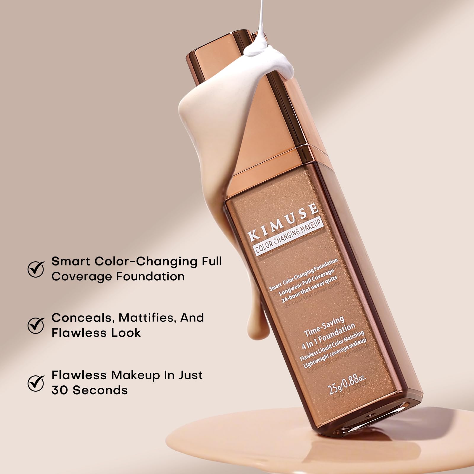 KIMUSE Color Changing Foundation, 4 In 1 Smart Shade Skin Tone Foundation Makeup, Waterproof, Long Wear Buildable Natural Finish Tinted Moisturizer Face Makeup For All Skin Tones, Vegan & Cruelty-Free
