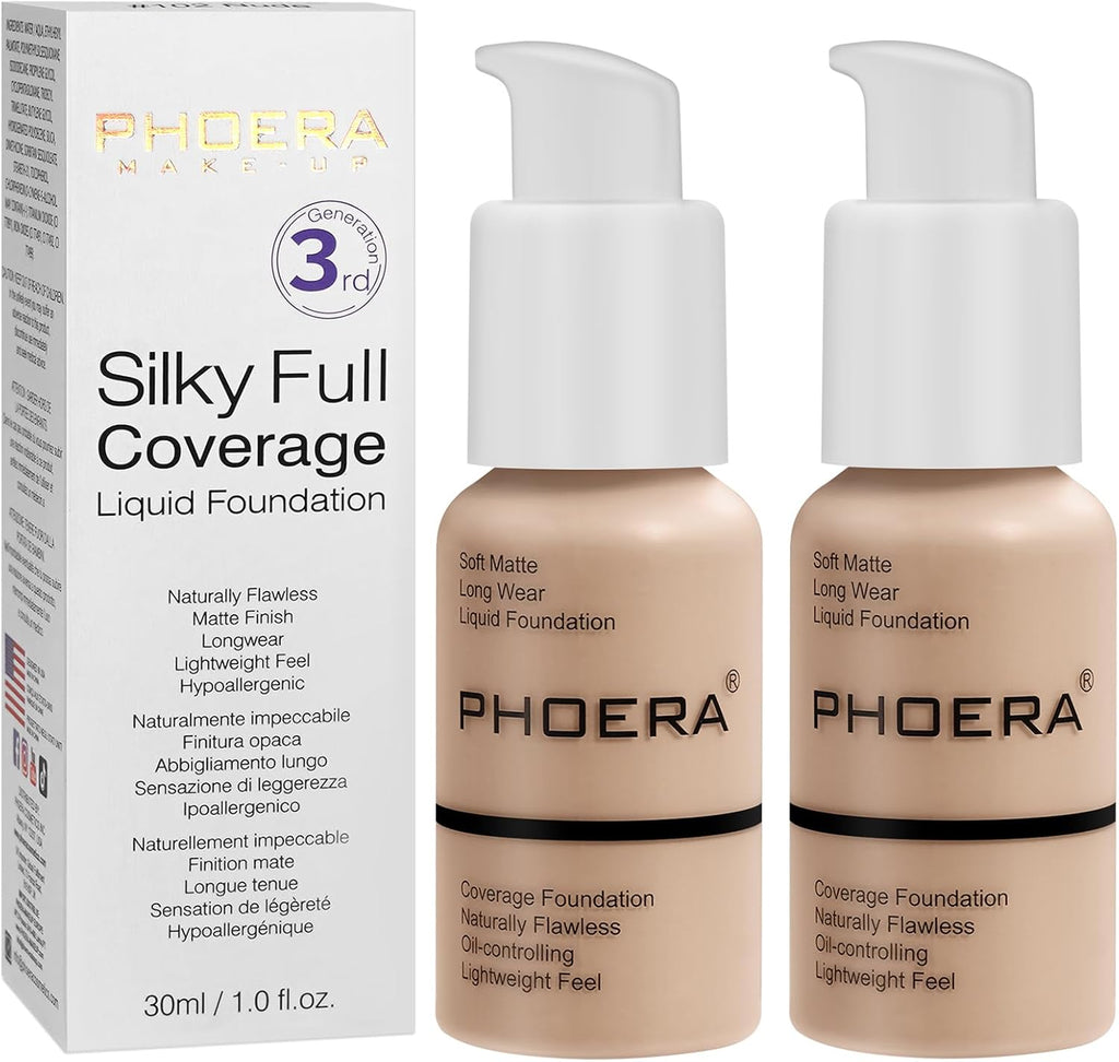 PHOERA Foundation,PHOERA Foundation Makeup for Women, PHOERA Full Coverage Foundation,30ml PHOERA 24HR Matte Oil Control Concealer (102- Nude*2)