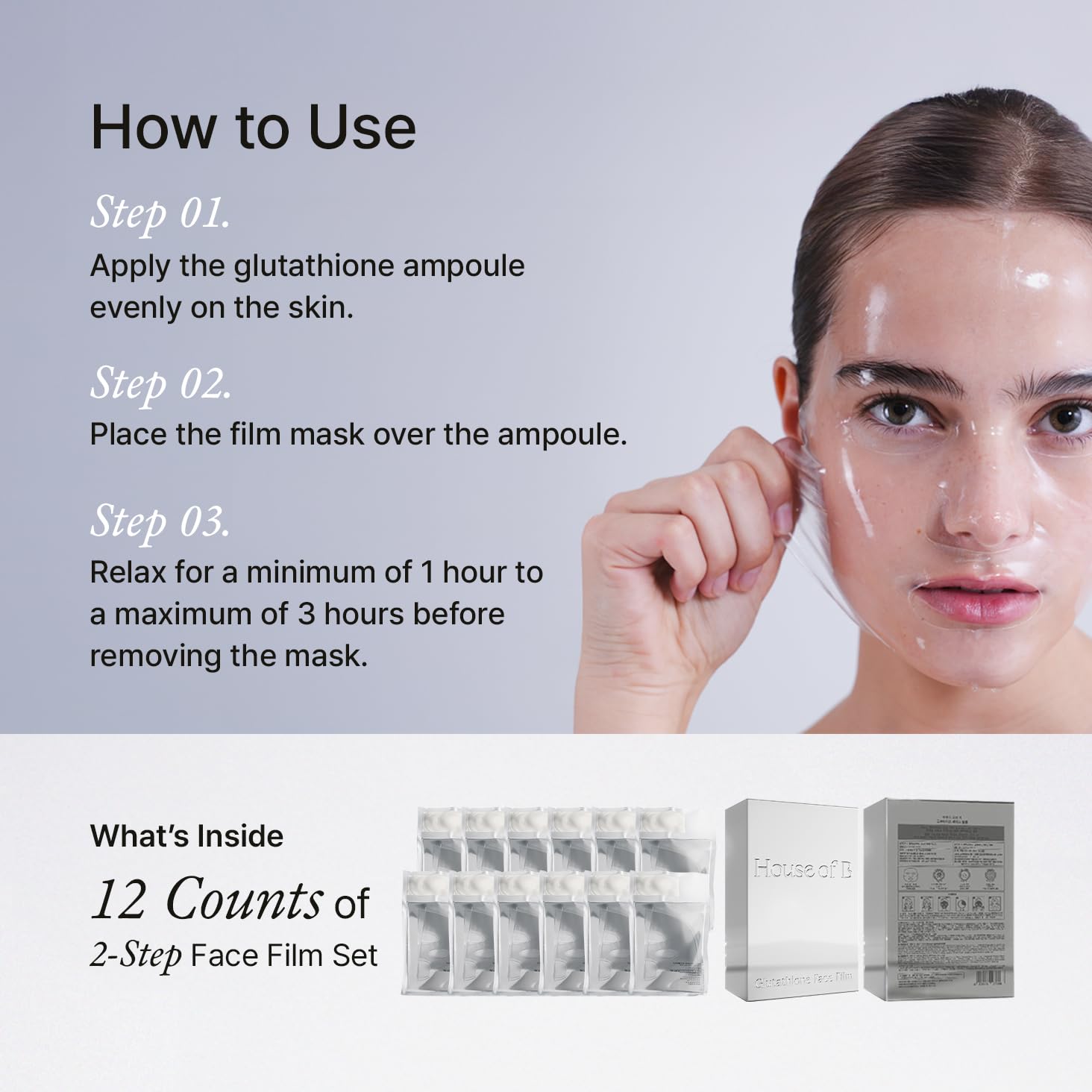 House of B Glow Glutathione 2-Step Face Film Set for Wrinkle Reduction & Skin Tone Enhancement, Shine Your Light with 3 Counts Korean Mask