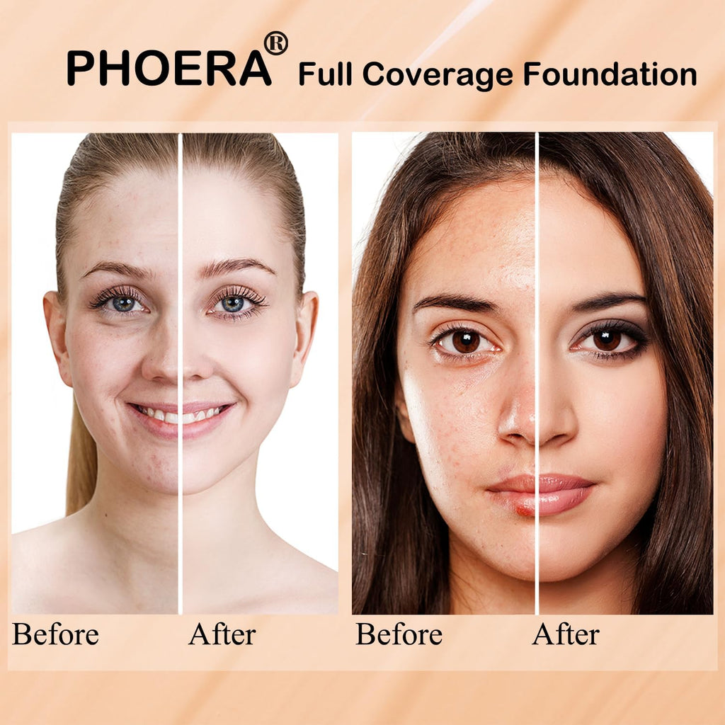 PHOERA Foundation,PHOERA Foundation Makeup for Women, PHOERA Full Coverage Foundation,30ml PHOERA 24HR Matte Oil Control Concealer (102- Nude*2)