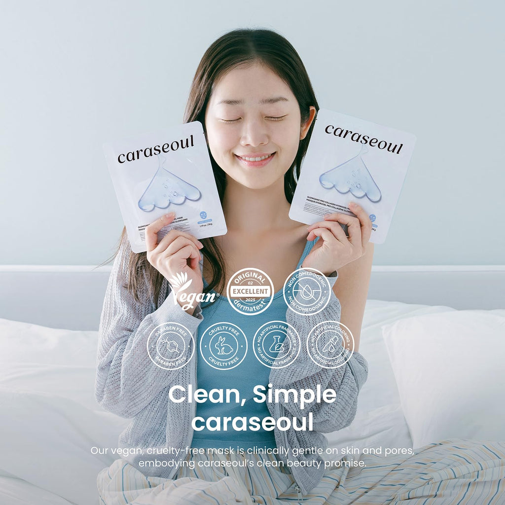 caraseoul Glowganic Pro Collagen Face Mask, Hydrogel Korean Face Mask with Niacinamide & Adenosin, Radiance Boost, Hydrating Overnight Sleep Mask, Vegan, Korean Skin Care [1.19oz (34g) x 4ea]