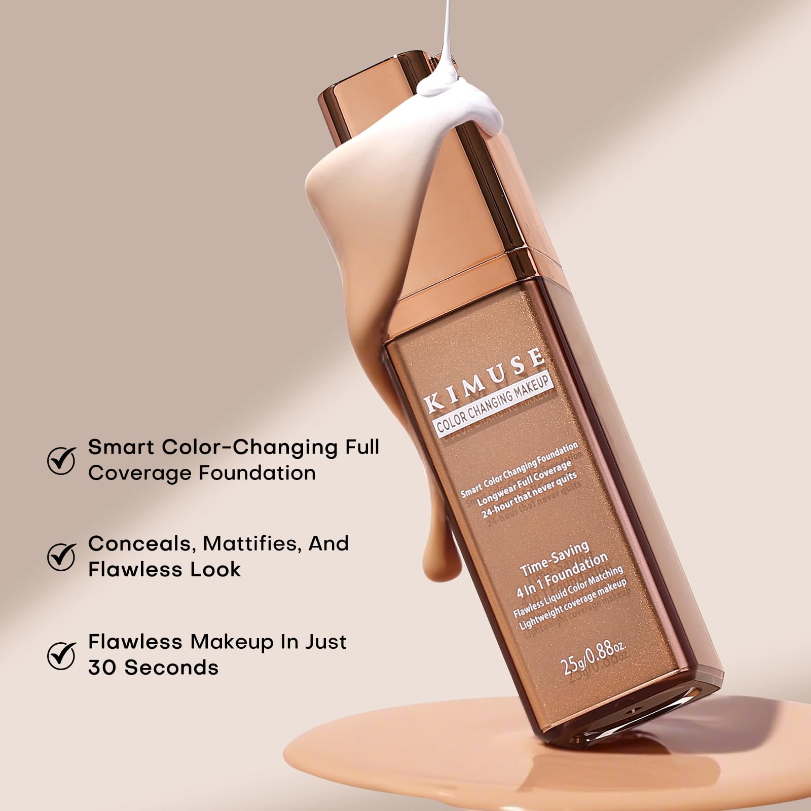 KIMUSE Color Changing Foundation, 4 In 1 Smart Shade Skin Tone Foundation Makeup, Waterproof, Long Wear Buildable Natural Finish Tinted Moisturizer Face Makeup For All Skin Tones, Vegan & Cruelty-Free