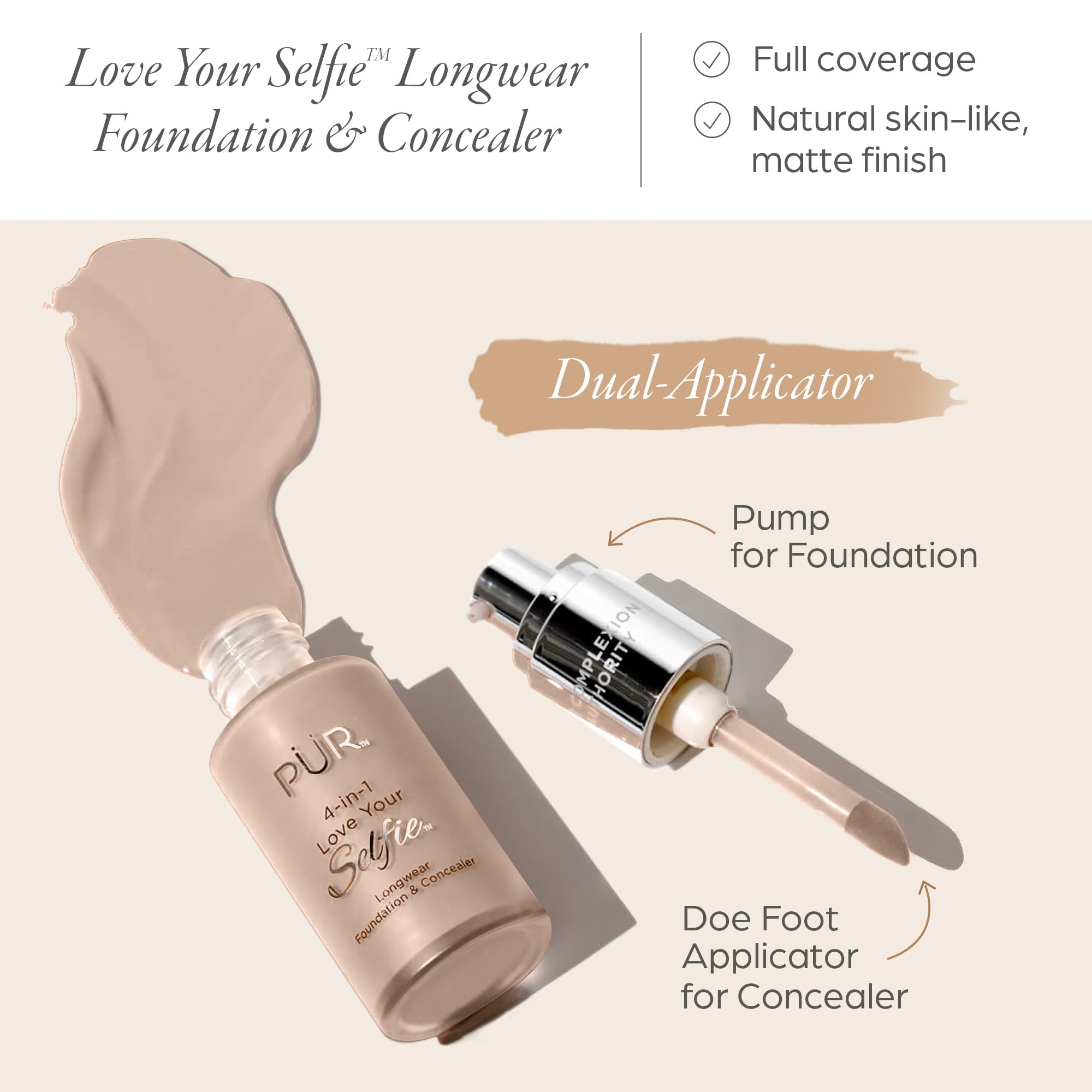 PÜR MINERALS 4-in-1 Love Your Selfie Longwear Foundation & Concealer Full Coverage Liquid Foundation, Hydrating Formula, Cruelty Free
