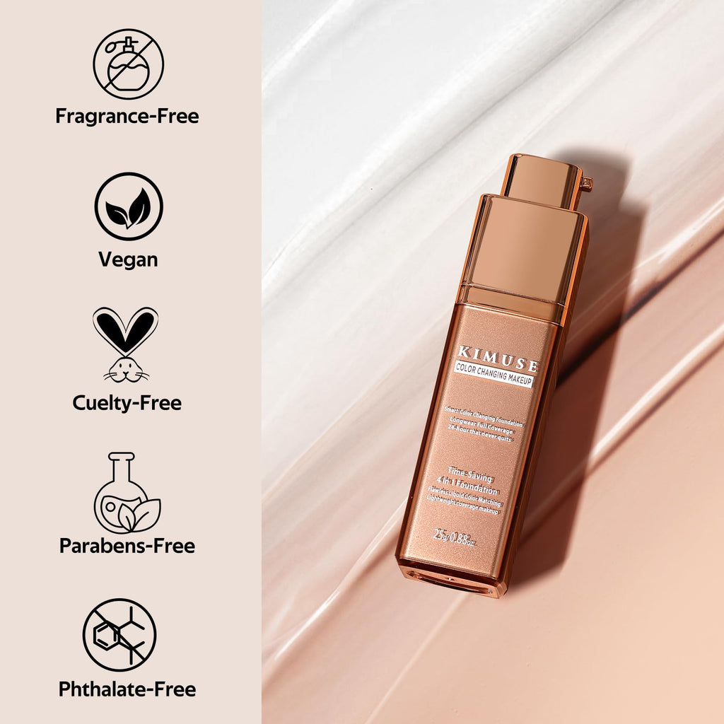 KIMUSE Color Changing Foundation, 4 In 1 Smart Shade Skin Tone Foundation Makeup, Waterproof, Long Wear Buildable Natural Finish Tinted Moisturizer Face Makeup For All Skin Tones, Vegan & Cruelty-Free