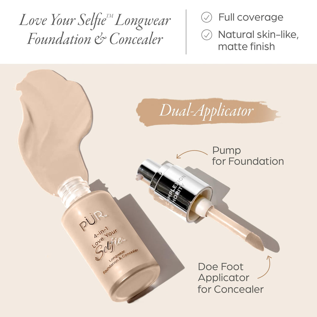 PÜR MINERALS 4-in-1 Love Your Selfie Longwear Foundation & Concealer Full Coverage Liquid Foundation, Hydrating Formula, Cruelty Free