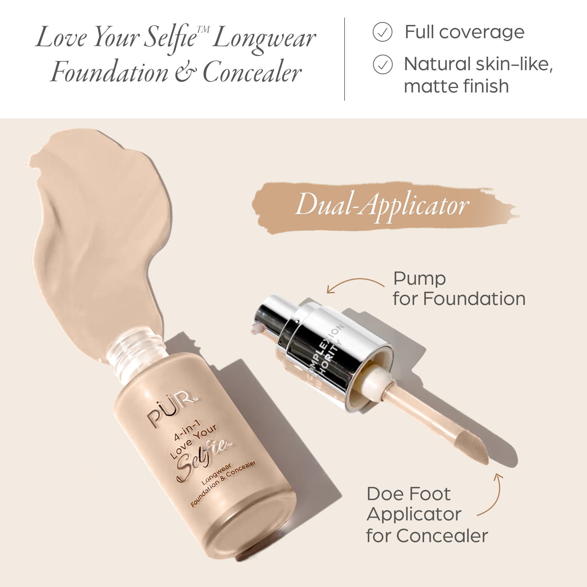 PÜR MINERALS 4-in-1 Love Your Selfie Longwear Foundation & Concealer Full Coverage Liquid Foundation, Hydrating Formula, Cruelty Free