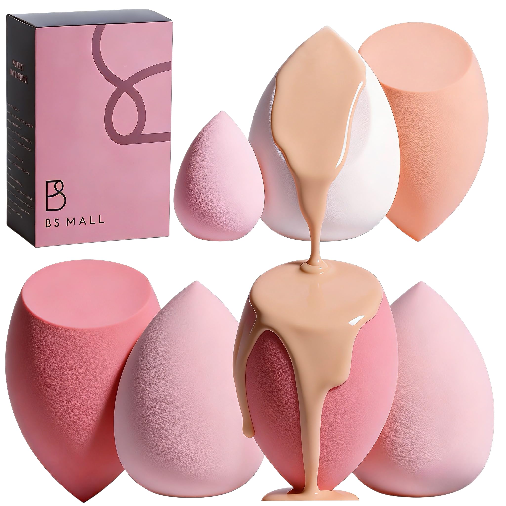 Makeup Sponge Set BS-MALL Blender Sponges 7 Pcs for Liquid, Cream, and Powder, Multi-colored with 1 Mini Makeup Sponge Pink (A-HotPink)
