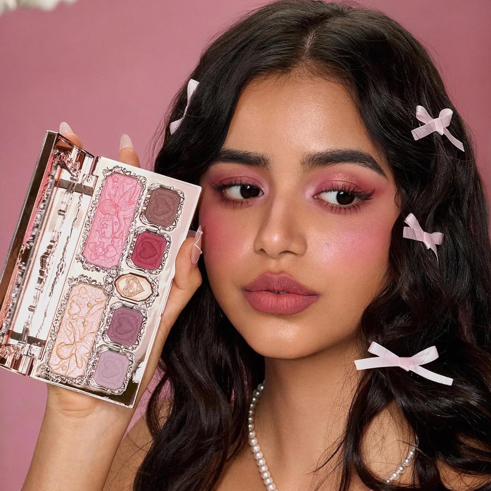 Flower Knows Strawberry Cupid Makeup Palette. Eyeshadow, Blush, Highlighting & Contour All-in-One +2 Shimmer Neutral Shades
