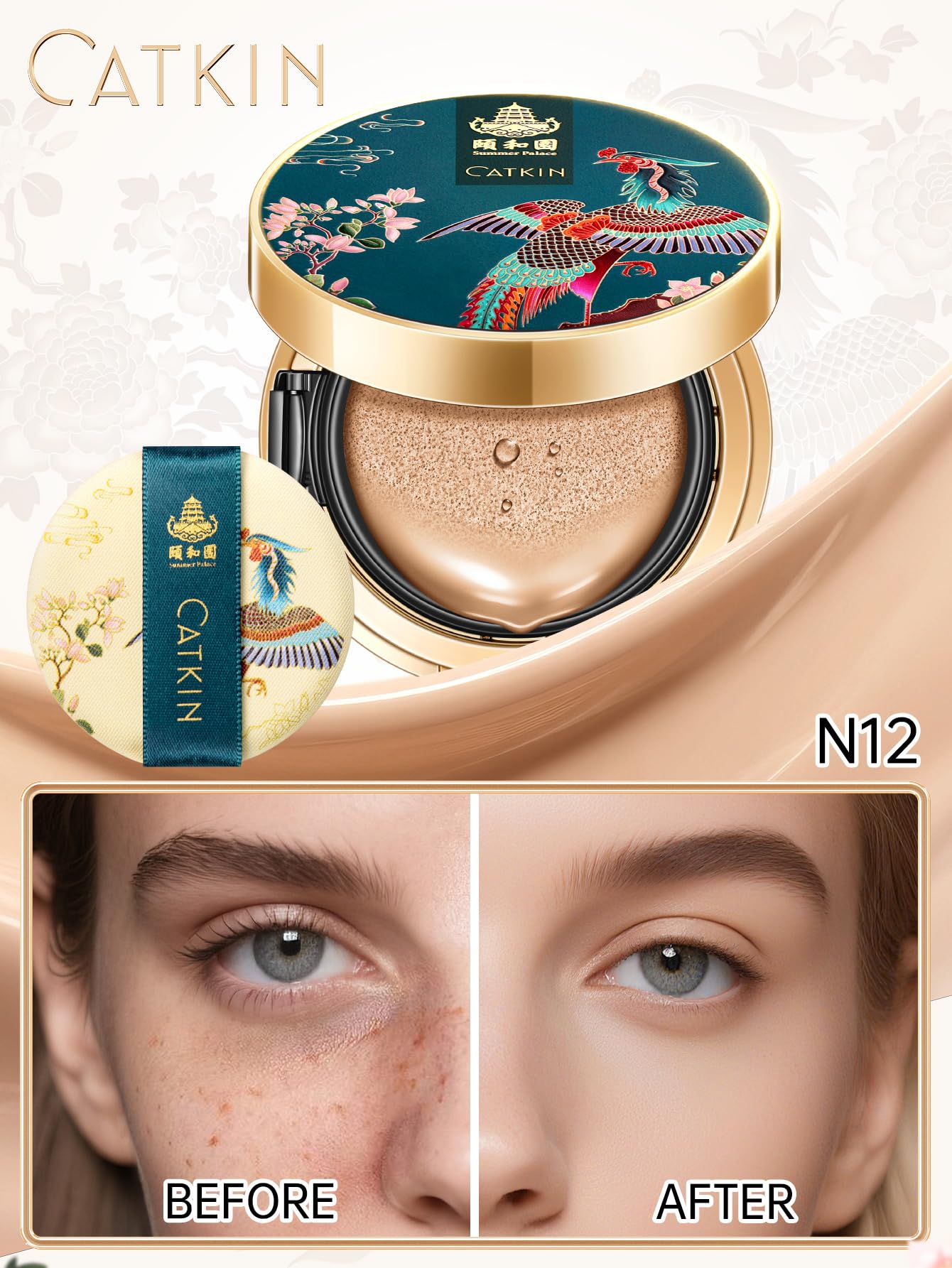 CATKIN Phoenix Cushion Foundation Buildable Coverage Anti-Aging Makeup, Sheer Finish, Refill Included, Natural Beige 0.46 Oz x 2 (Natural Coverage (Light Beige)