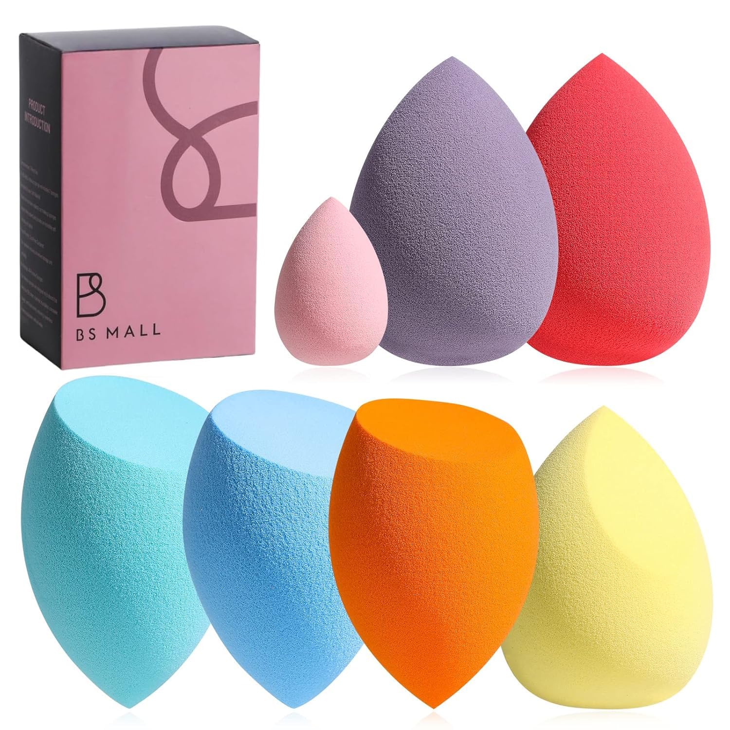 Makeup Sponge Set BS-MALL Blender Sponges 7 Pcs for Liquid, Cream, and Powder, Multi-colored with 1 Mini Makeup Sponge Pink (A-HotPink)